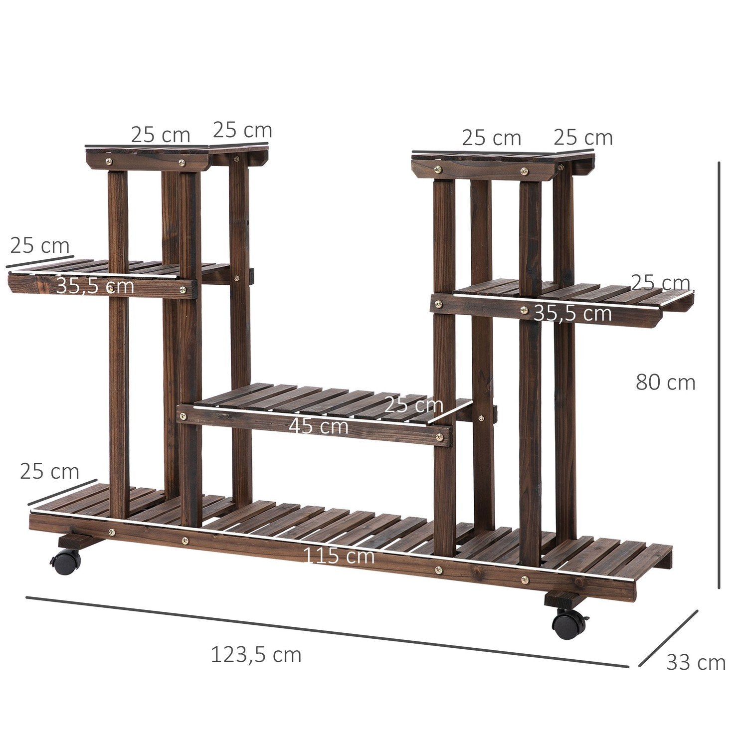 Plantehylle for blomsterstativ, hylle med fire blomster, heltre, forkullet, 123,5 x 33 x 80 cm