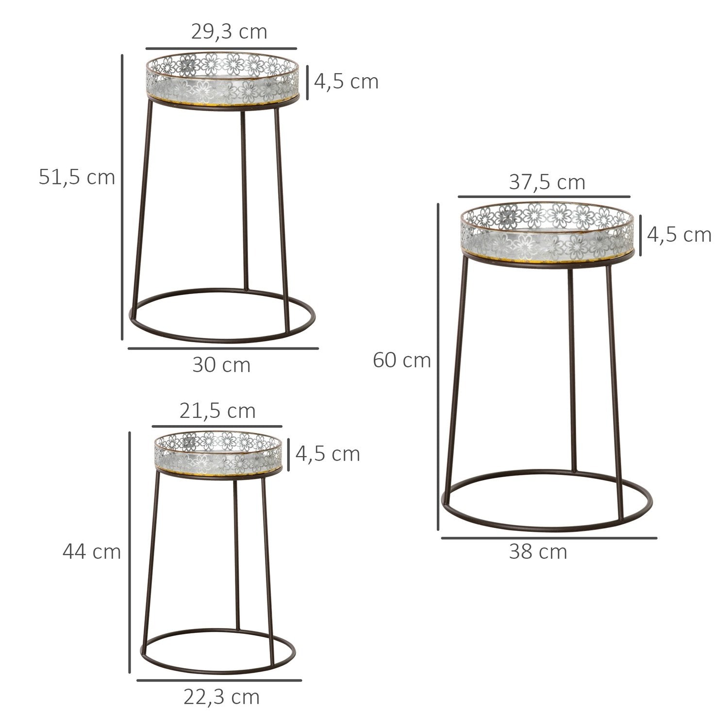 Blomsterstativsett med 3 plantestativer i metall, stablebare blomsterpaller i kaffe + sølv, for blomsterpotter