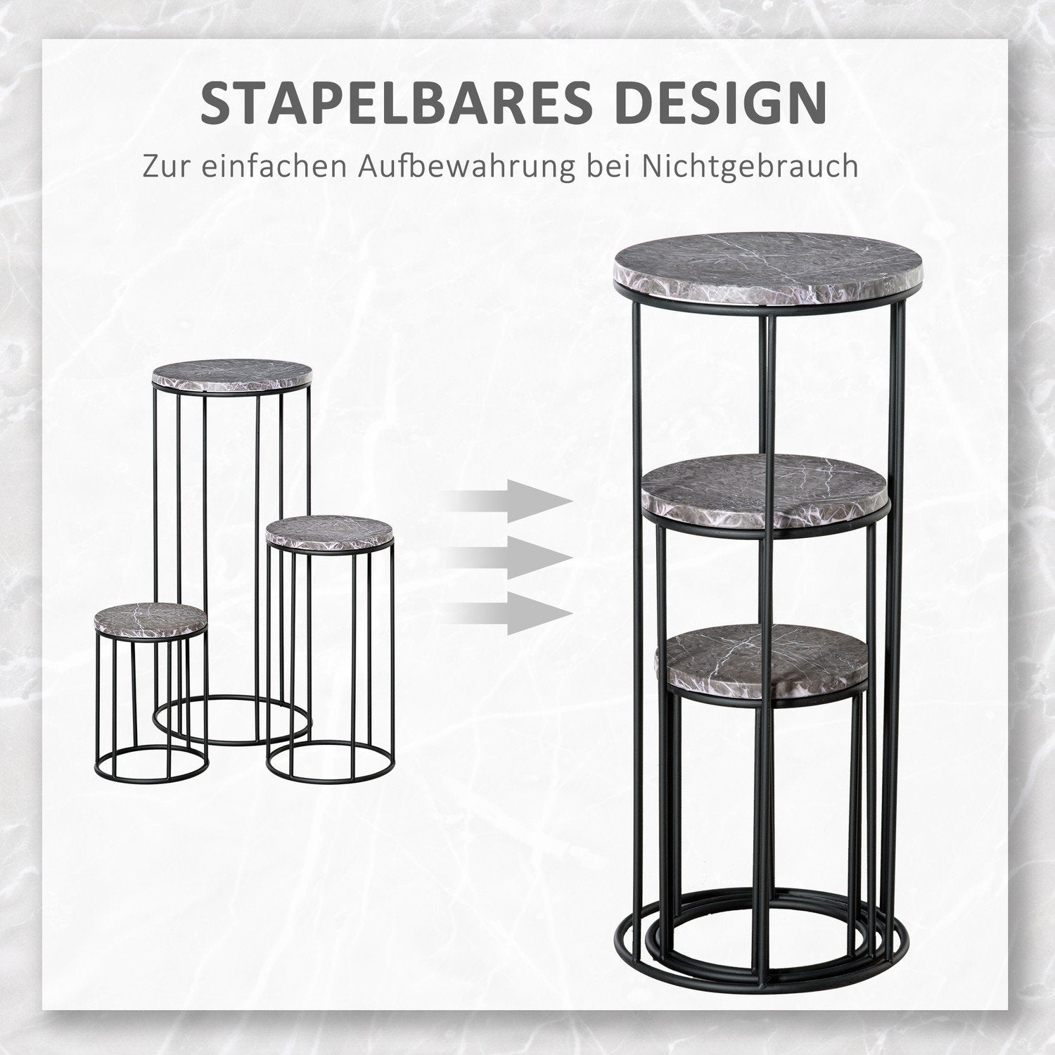 Blomsterstativsett med 3 plantestativer i marmorlook, stablebare blomsterstativ, dekorativt