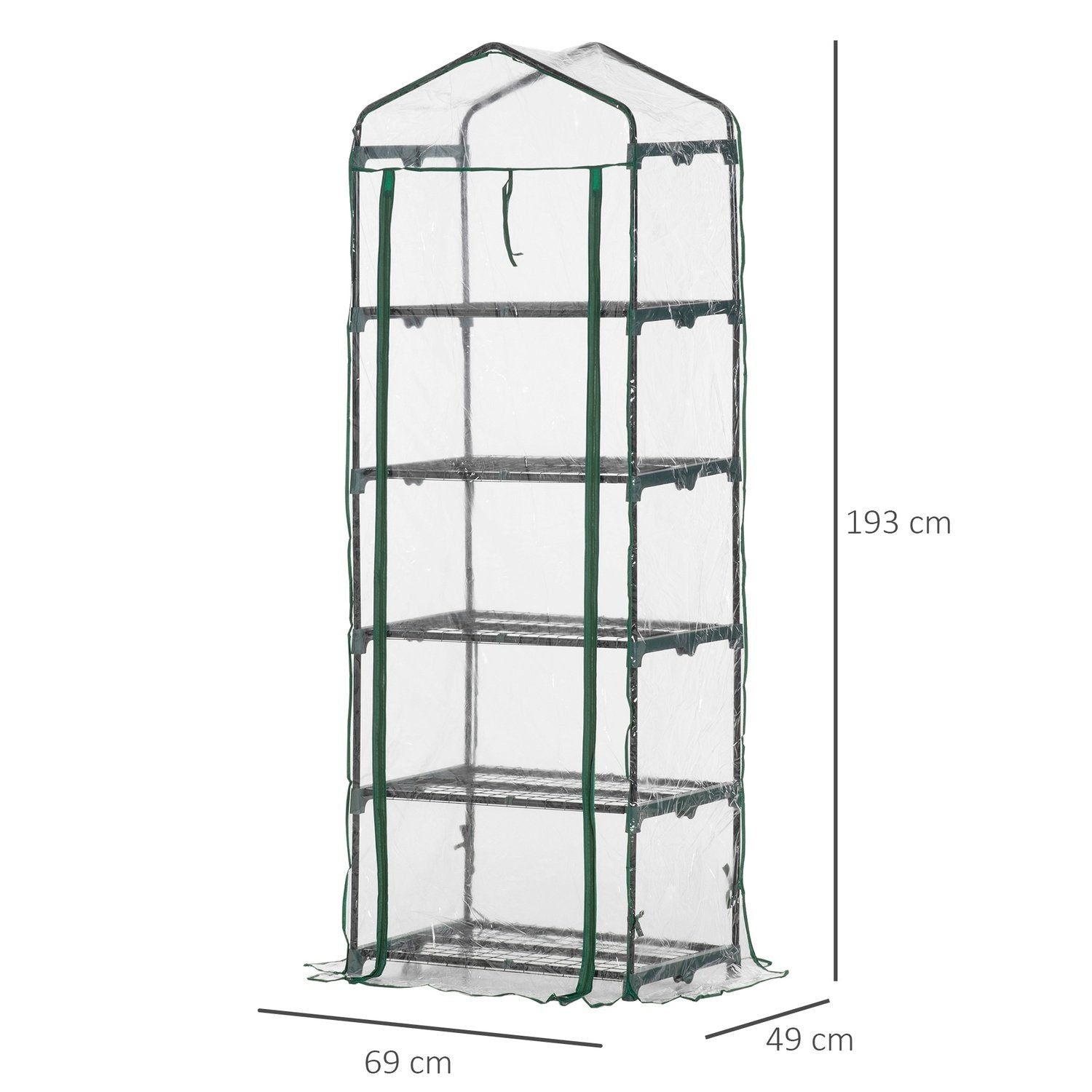 Foliedrivhus med 5 hyller, minidrivhus, for blomster eller grønnsaker, drivhus, gjennomsiktig+grønn, 69X49X193Cm