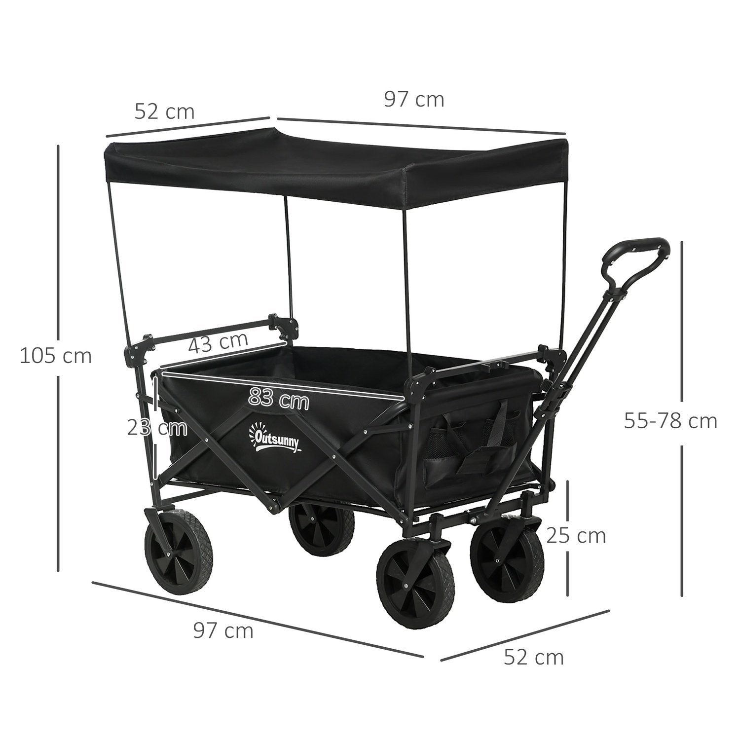 Hopfällbar Vagn, Transportvagn Med Solskydd, Vagn Med Handtag, Trädgårdsvagn Med Bärväska, Lastkapacitet Upp Till 110 Kg, Oxford, Svart