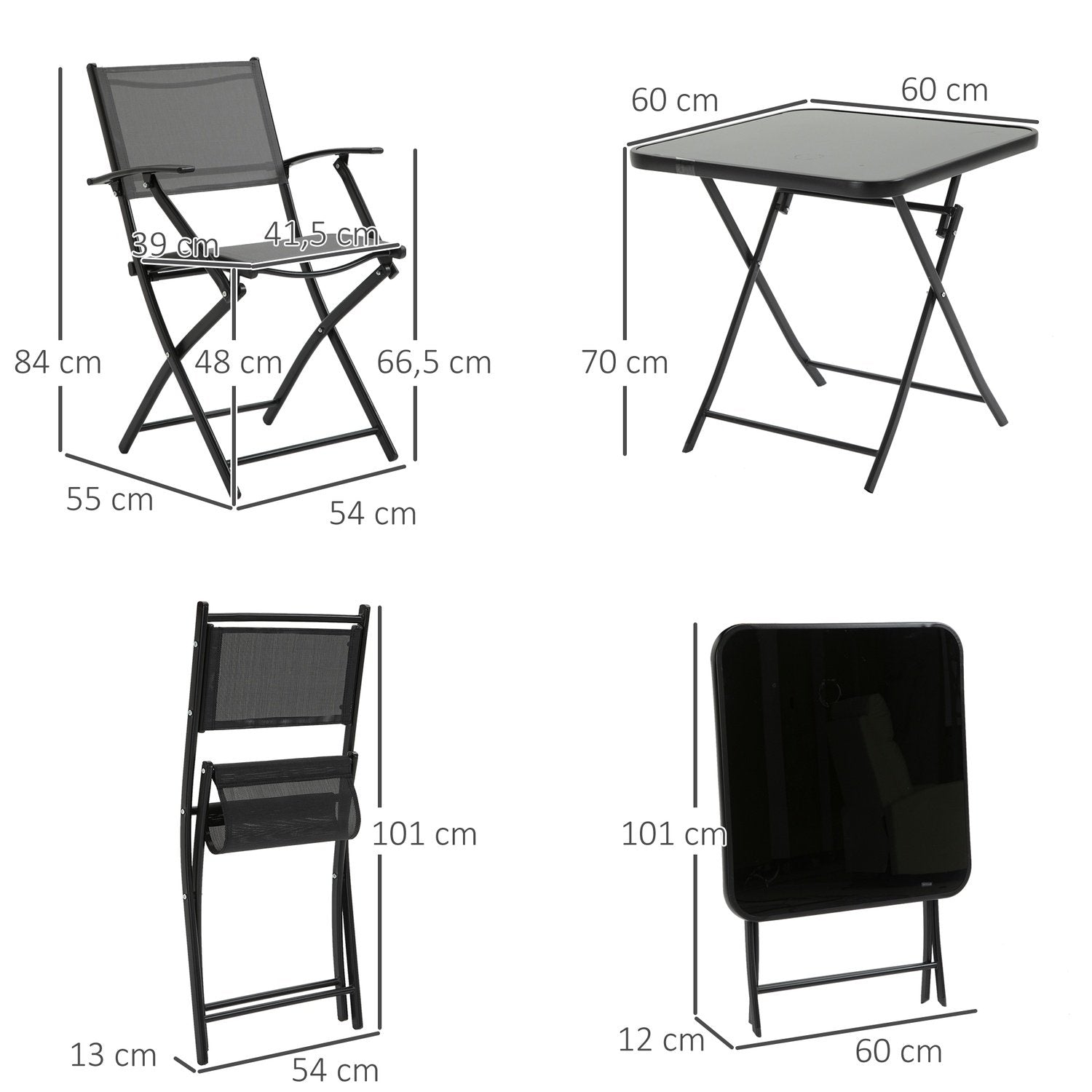 Fällbar Balkongset För 2 Personer Sittgrupp Bord 2 Stolar Metallnät Svart Grå