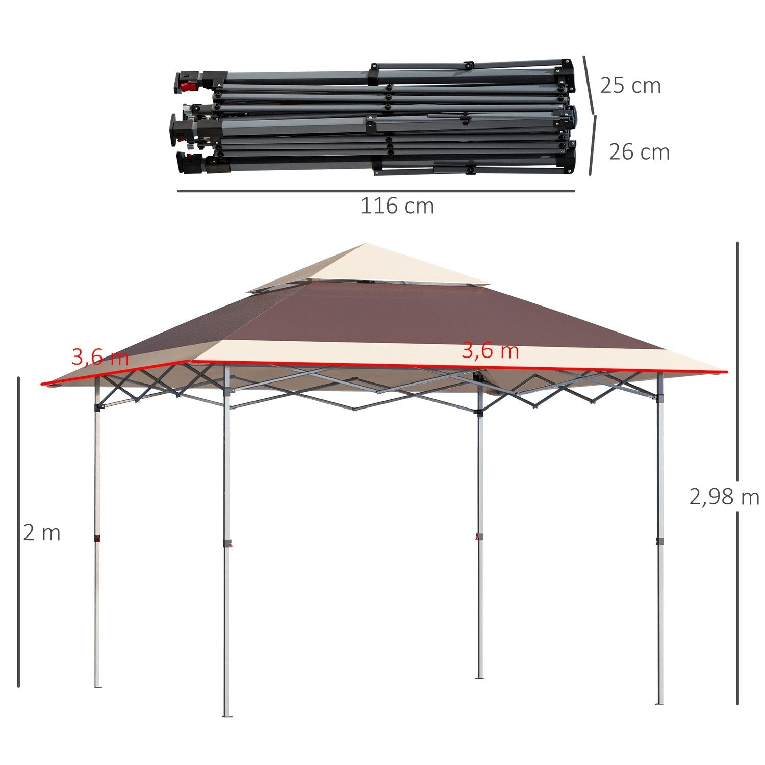 Sammenleggbart lysthus Pop Up telt Hage Gazebo Roll Bag Oxford Stoff 3,6 X 3,6 M Mørkebrun + Khaki