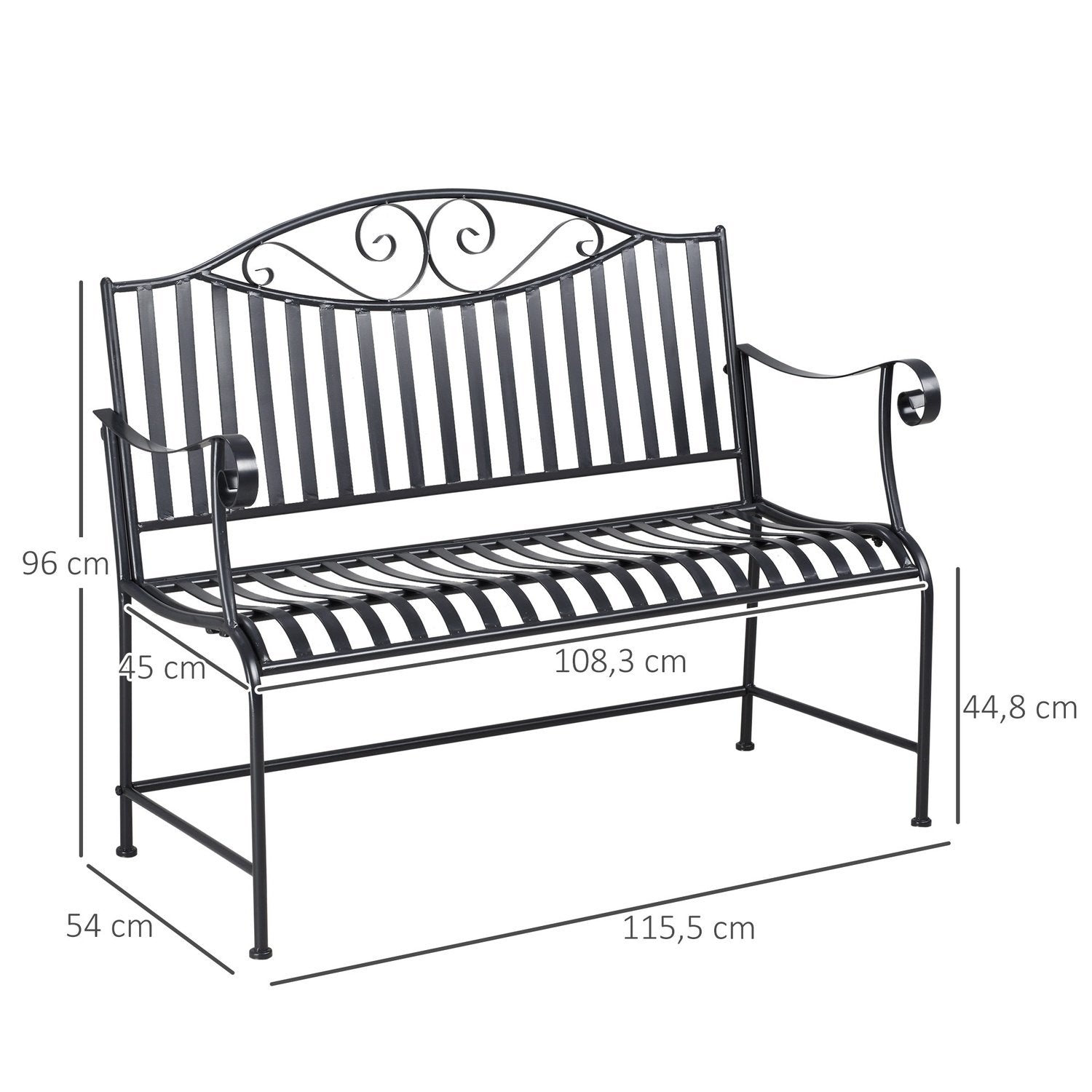 Hagebenk For 2 personer Parkbenk Armlene Metallbenk Hage Balkong Uteplass Opptil 220 kg Grå 155X54X96Cm