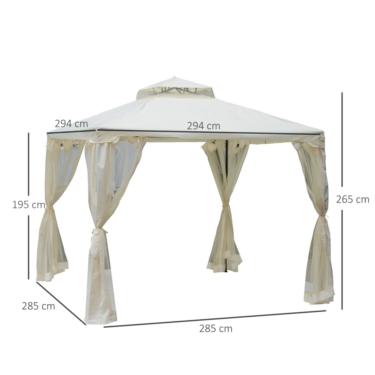 Garden Gazebo 3X3X2.6M Pavilion Hagetelt med 4 sidevegger, værbestandig, metall + polyester, kremhvit