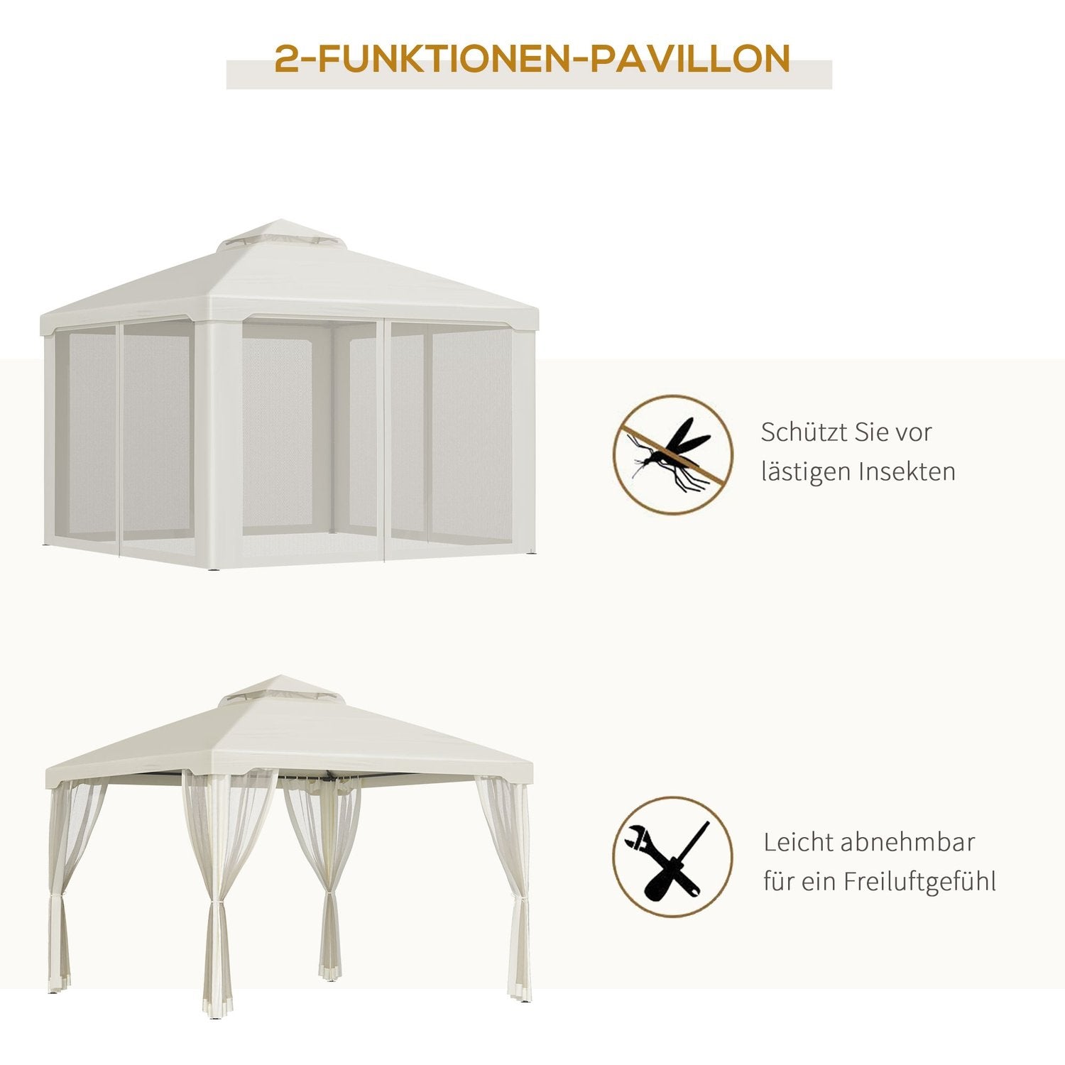 Garden Gazebo 3X3X2.6M Pavilion Hagetelt med 4 sidevegger, værbestandig, metall + polyester, kremhvit