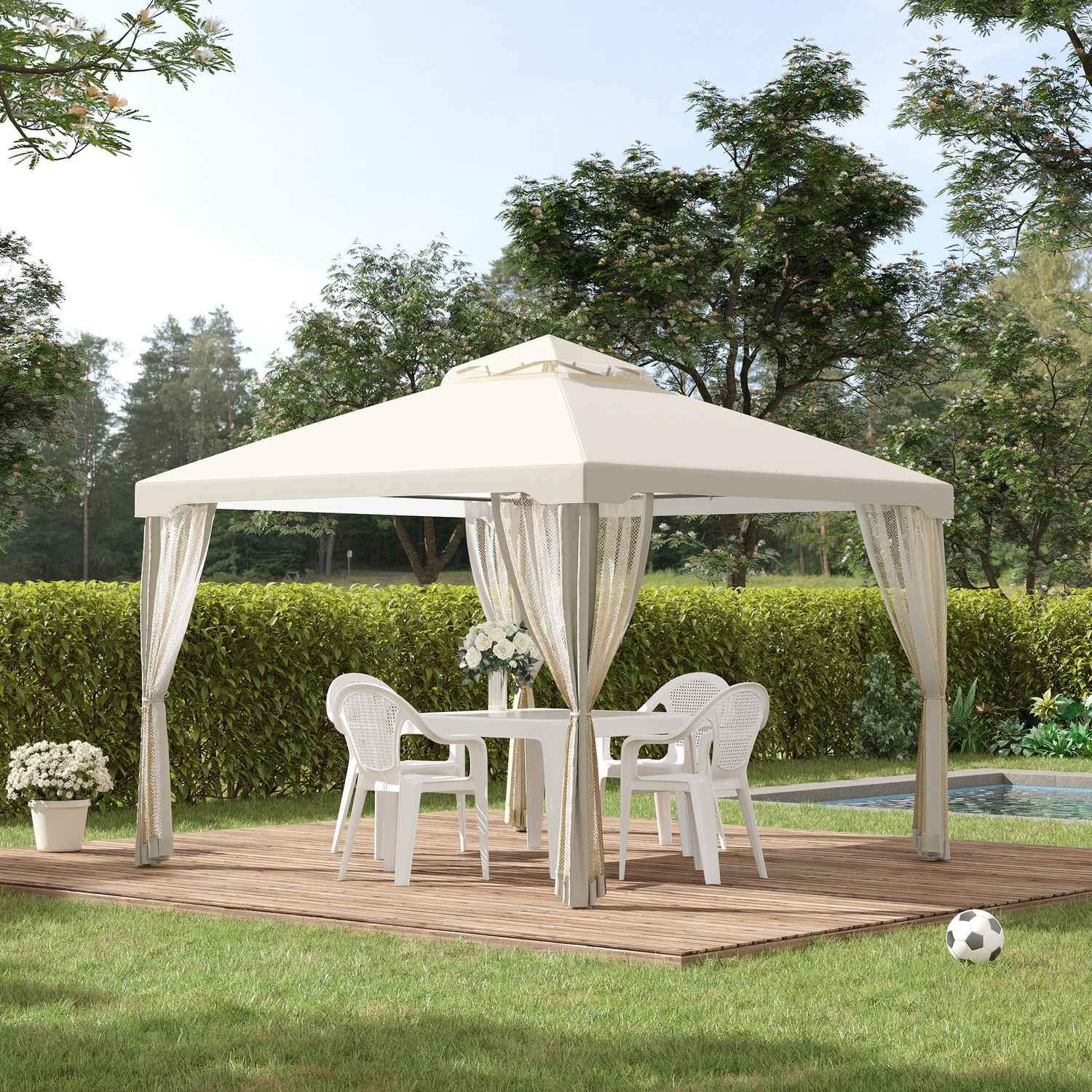 Garden Gazebo 3X3X2.6M Pavilion Hagetelt med 4 sidevegger, værbestandig, metall + polyester, kremhvit