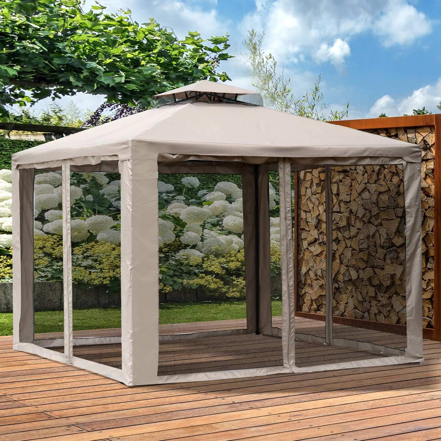 Garden Gazebo 3X3X2.6M Pavilion Hagetelt med 4 sidevegger, værbestandig, metallpolyester, grå