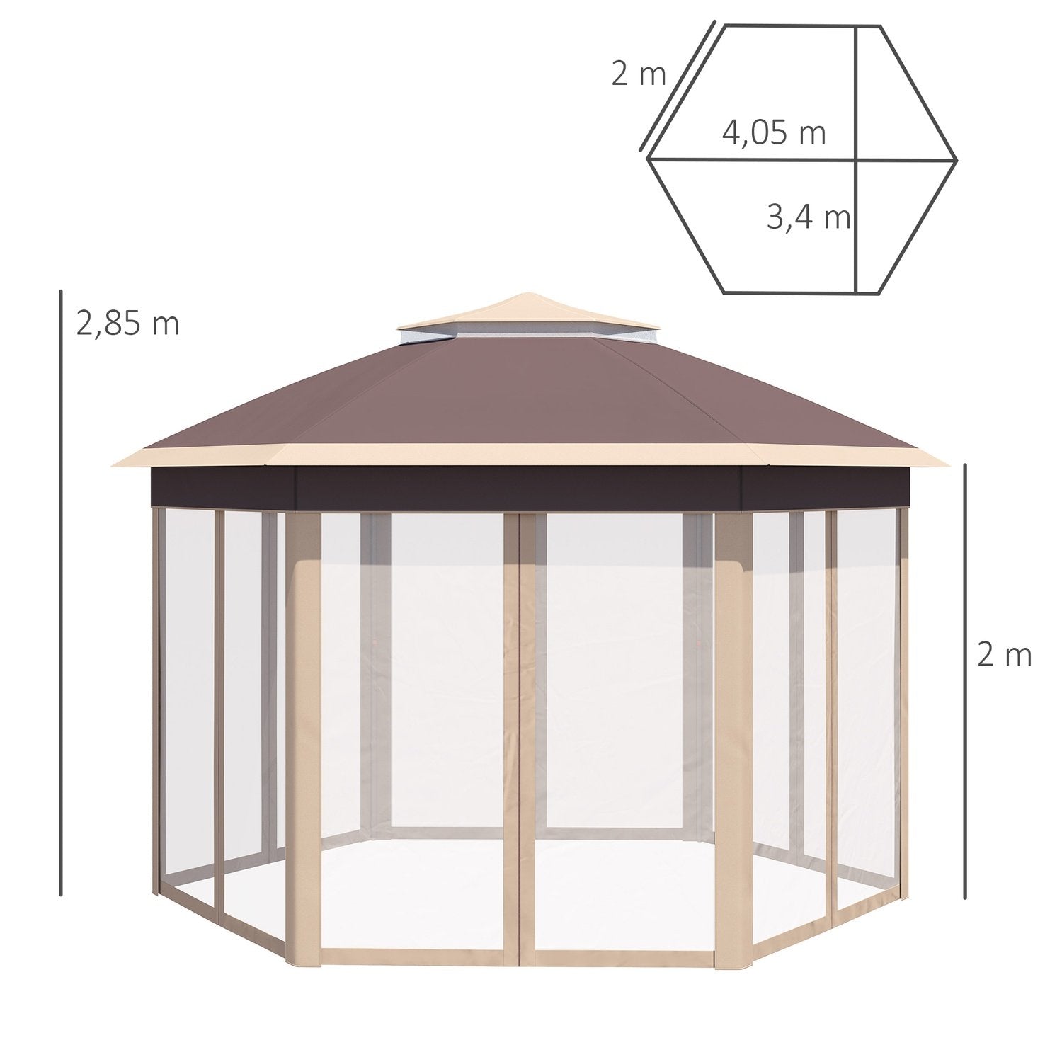 Hagelysthus sammenleggbart lysthus 4X4M pop-up telt med bæreveske, 6 sidepaneler, dobbelttak, sekskantet, beige+khaki