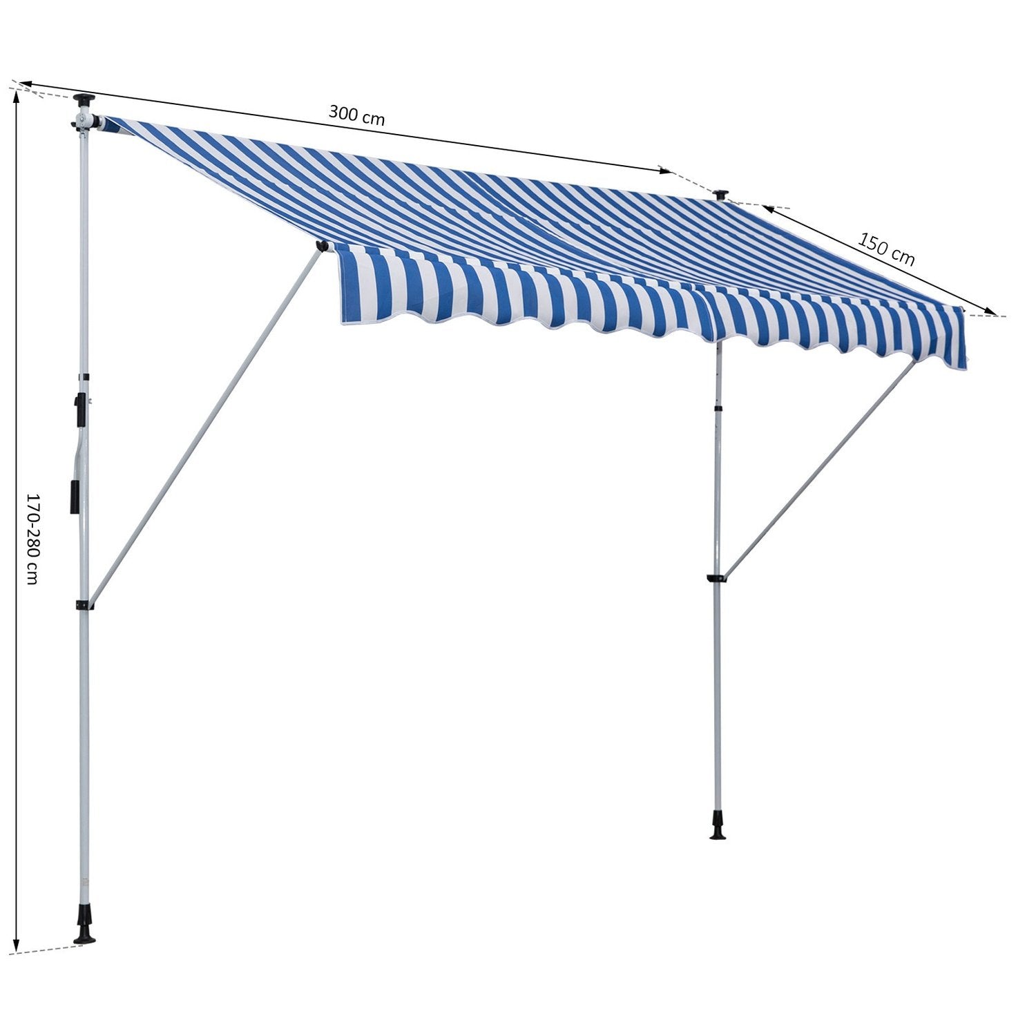 Markise, Foldearm Markise, Klemme Markise, Høydejusterbar, 300X150Cm, ​​Blå/Hvit, Aluminium