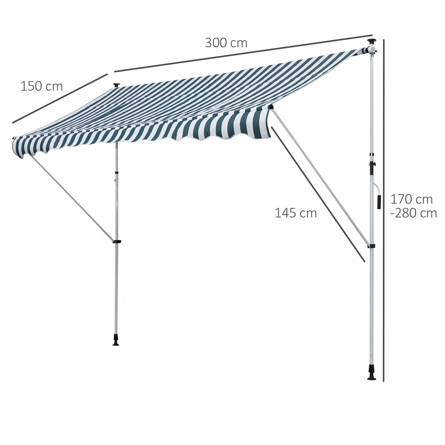 Markise, Foldearm Markise, Klemme Markise, Høydejusterbar, Solskjerm Med Foldearm Og Håndsveiv, Balkong, Aluminium, Grønn + Hvit, 300X150Cm