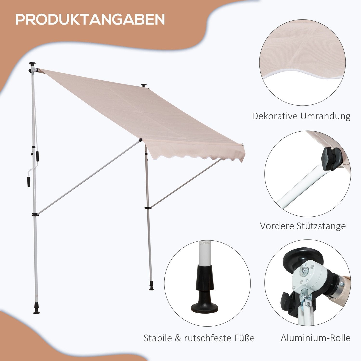 Markise, foldbar markise, høydejusterbar klemmemarkise, 200X150 cm, kremhvit, aluminium