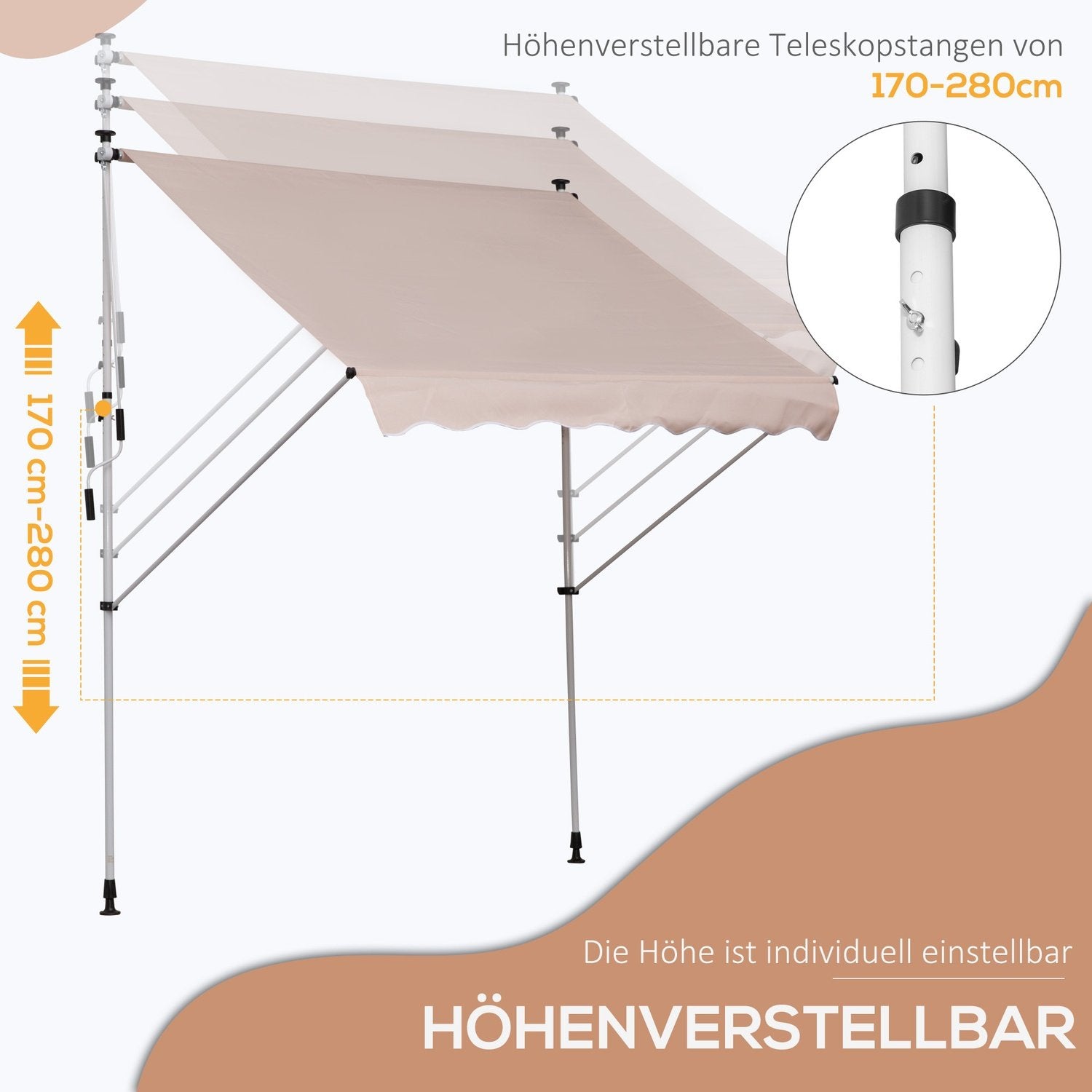 Markise, foldbar markise, høydejusterbar klemmemarkise, 200X150 cm, kremhvit, aluminium