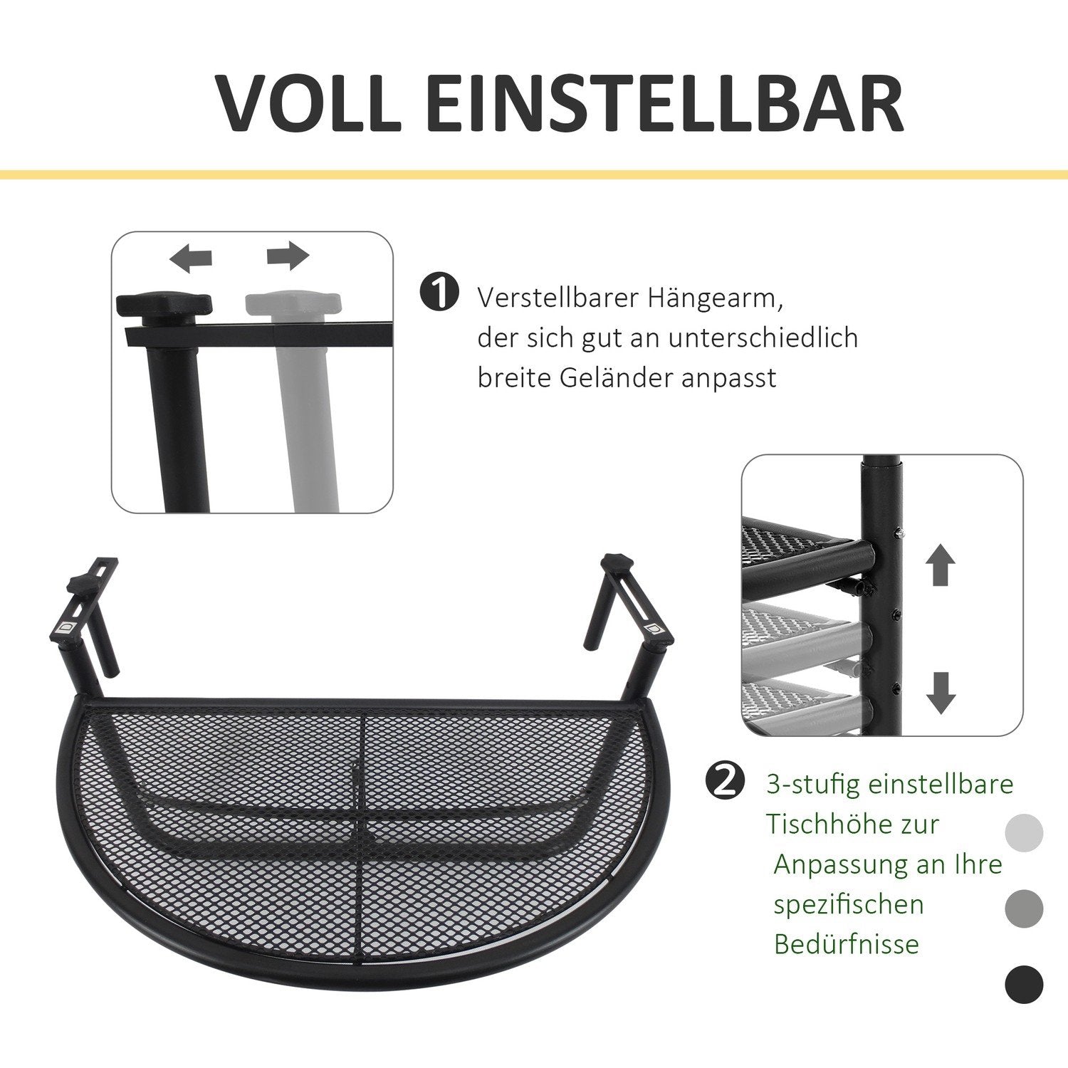 Outsolny Balkong Hengebord Hevet Og Senket Halvrundt Metall Ø30Cm