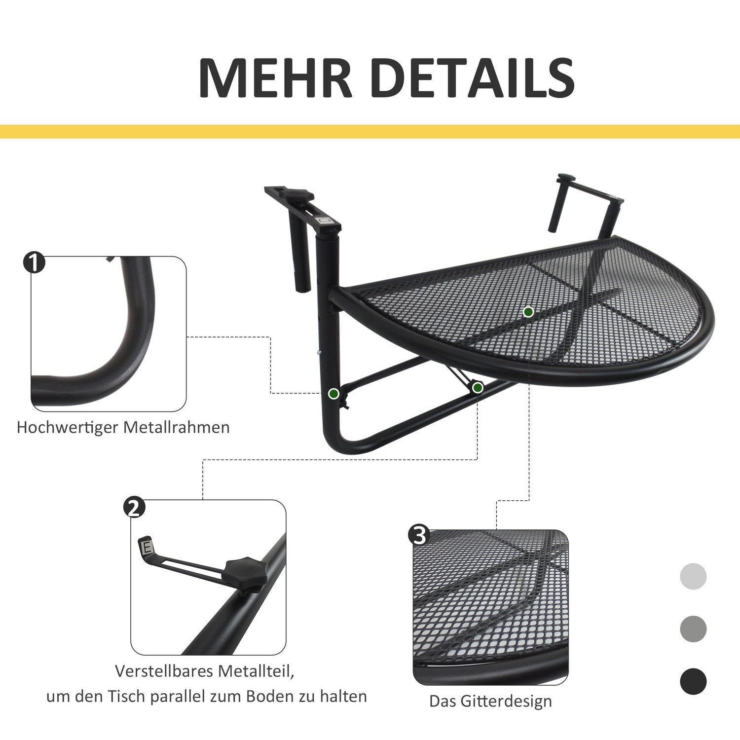 Outsolny Balkong Hengebord Hevet Og Senket Halvrundt Metall Ø30Cm