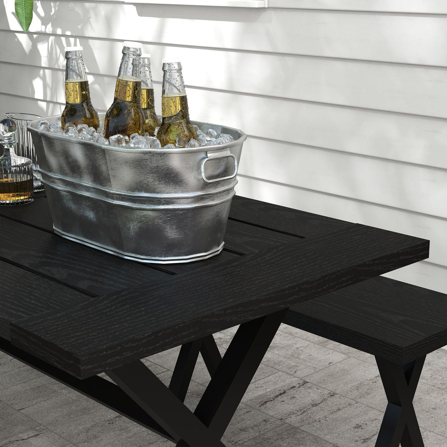 Øltelt 3-Delt. Bord 2 Benker Paraplyhull Trelook Terrasse Balkong 180X80X73Cm Svart