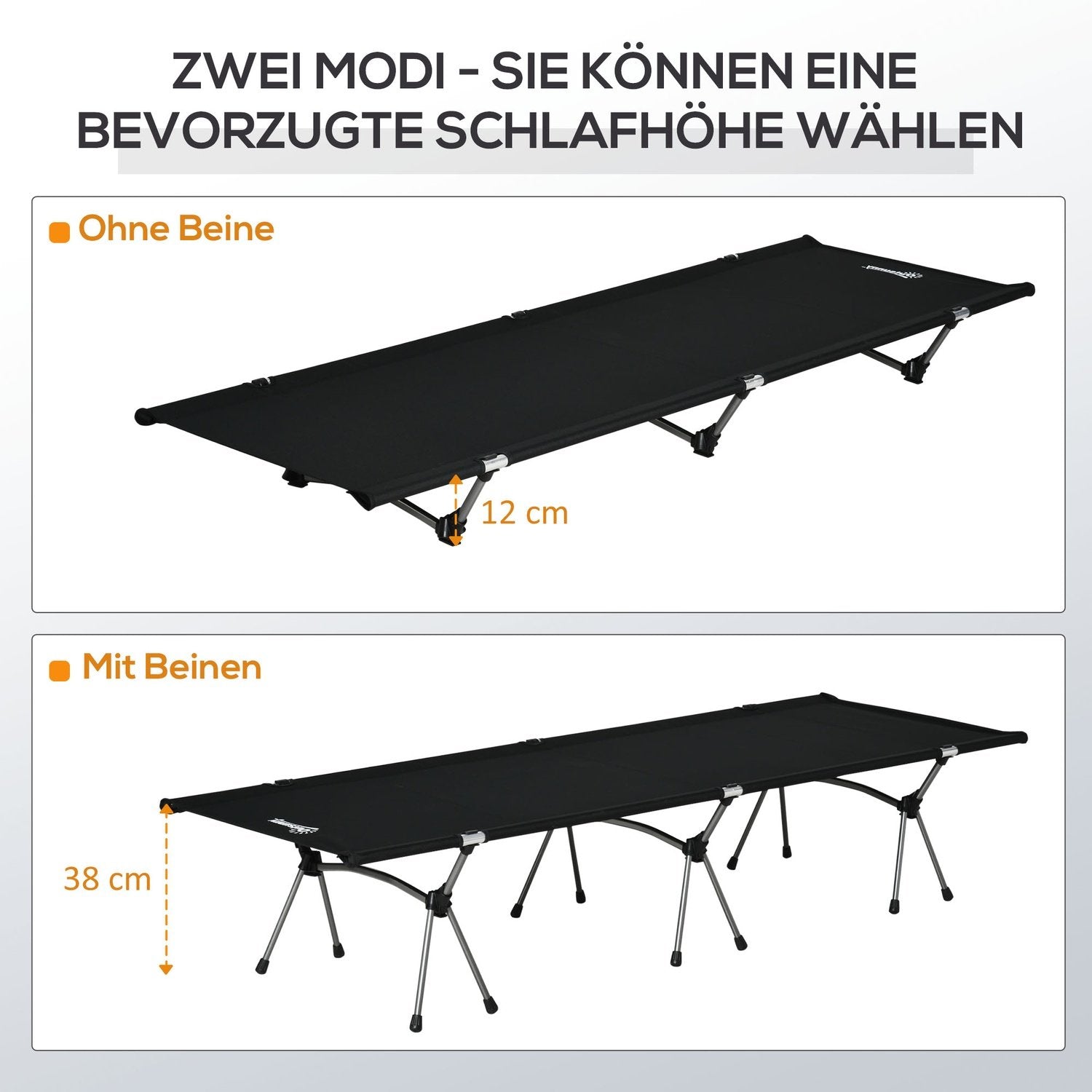 Campingseng, sammenleggbar feltseng i aluminium med bæreveske, høydejusterbar, svart, 190X65X38 cm, opptil 150 kg