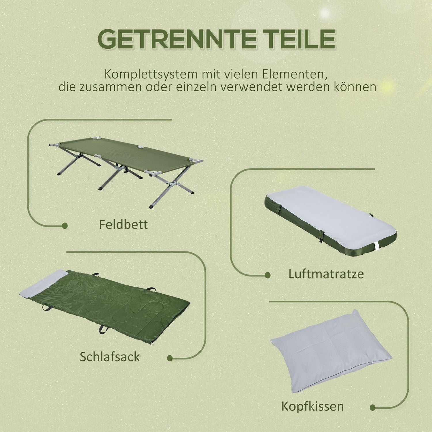 Campingsäng, Enkelsäng, Tältsäng Med Kudde, Hopfällbar Resesäng Med Robust Stålram, Lastkapacitet Upp Till 120 Kg, Oxford Green