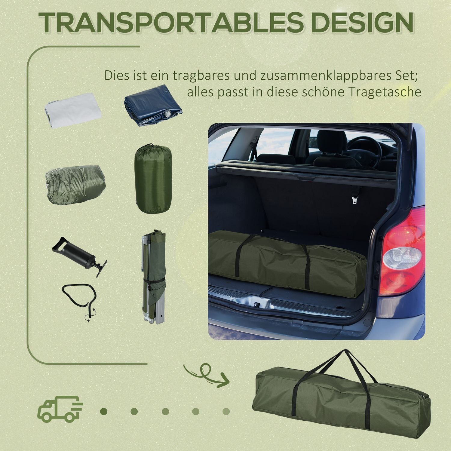 Campingsäng, Enkelsäng, Tältsäng Med Kudde, Hopfällbar Resesäng Med Robust Stålram, Lastkapacitet Upp Till 120 Kg, Oxford Green