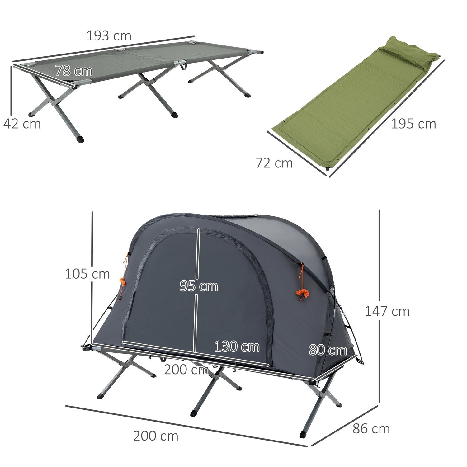 Campingseng med telt Hevet teltseng for 1 person Kuppeltelt med luftmadrass Inkludert bæreveske Grå 200 X 86 X 147 Cm