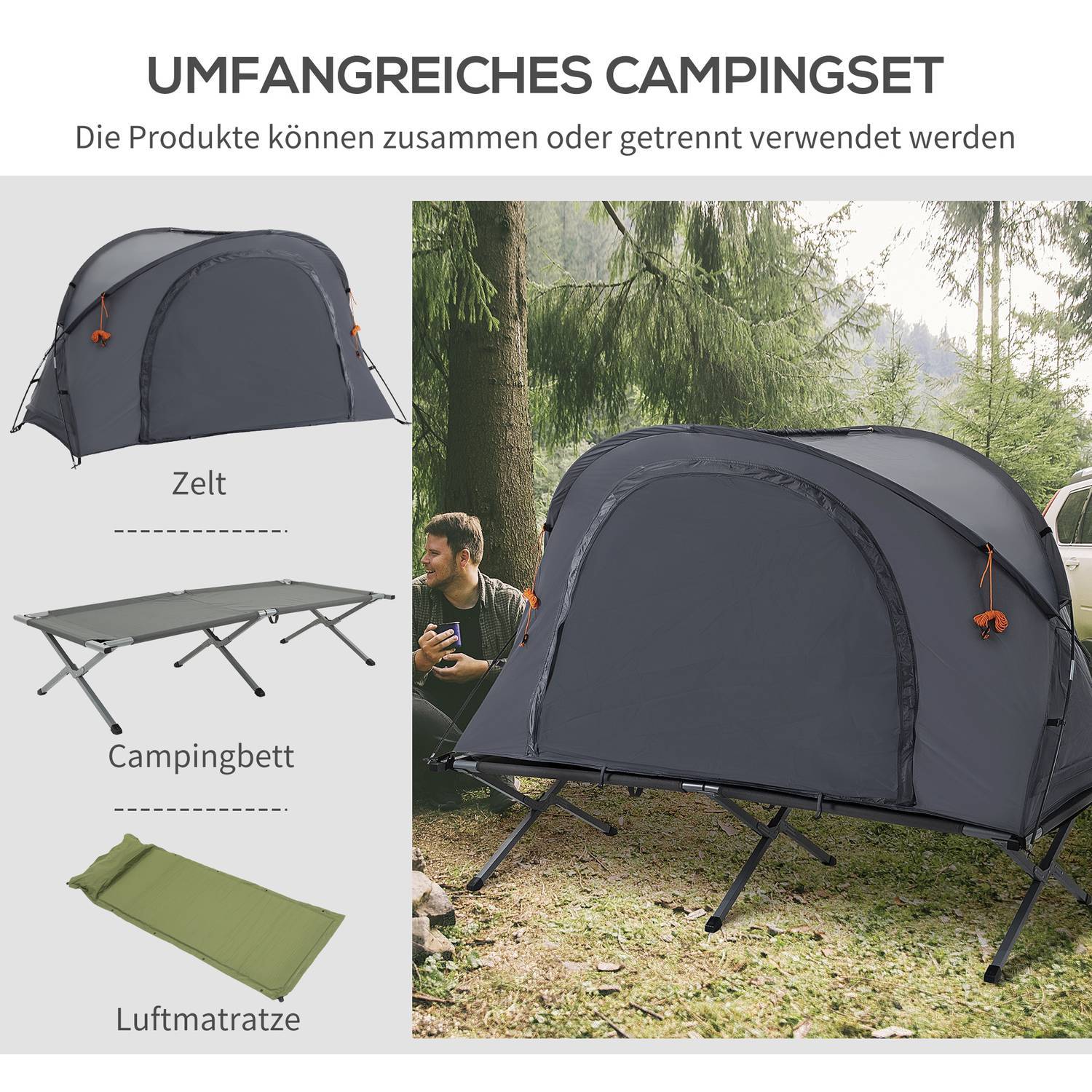 Campingseng med telt Hevet teltseng for 1 person Kuppeltelt med luftmadrass Inkludert bæreveske Grå 200 X 86 X 147 Cm