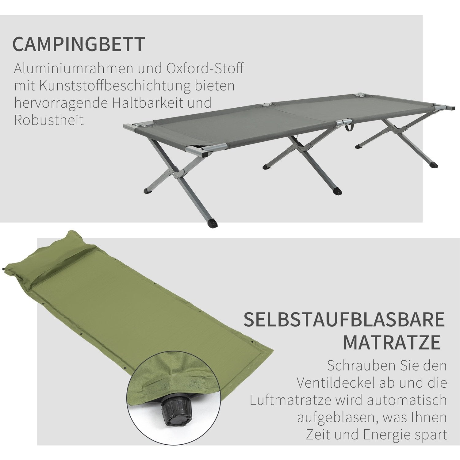 Campingseng med telt Hevet teltseng for 1 person Kuppeltelt med luftmadrass Inkludert bæreveske Grå 200 X 86 X 147 Cm