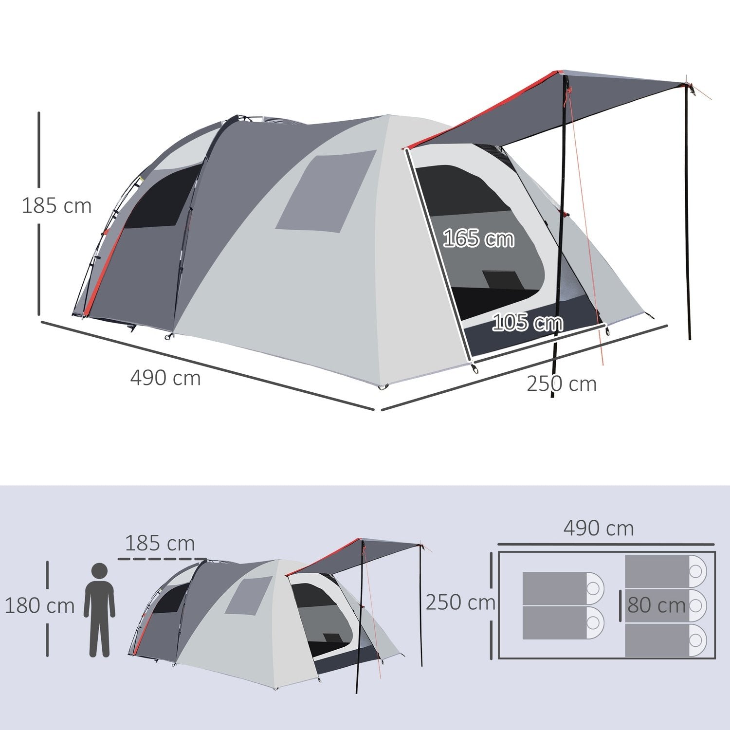 Campingtelt 5-personers tunneltelt med soverom, bæreveske, 2000 mm vannsøyle, nettingvindu, grå