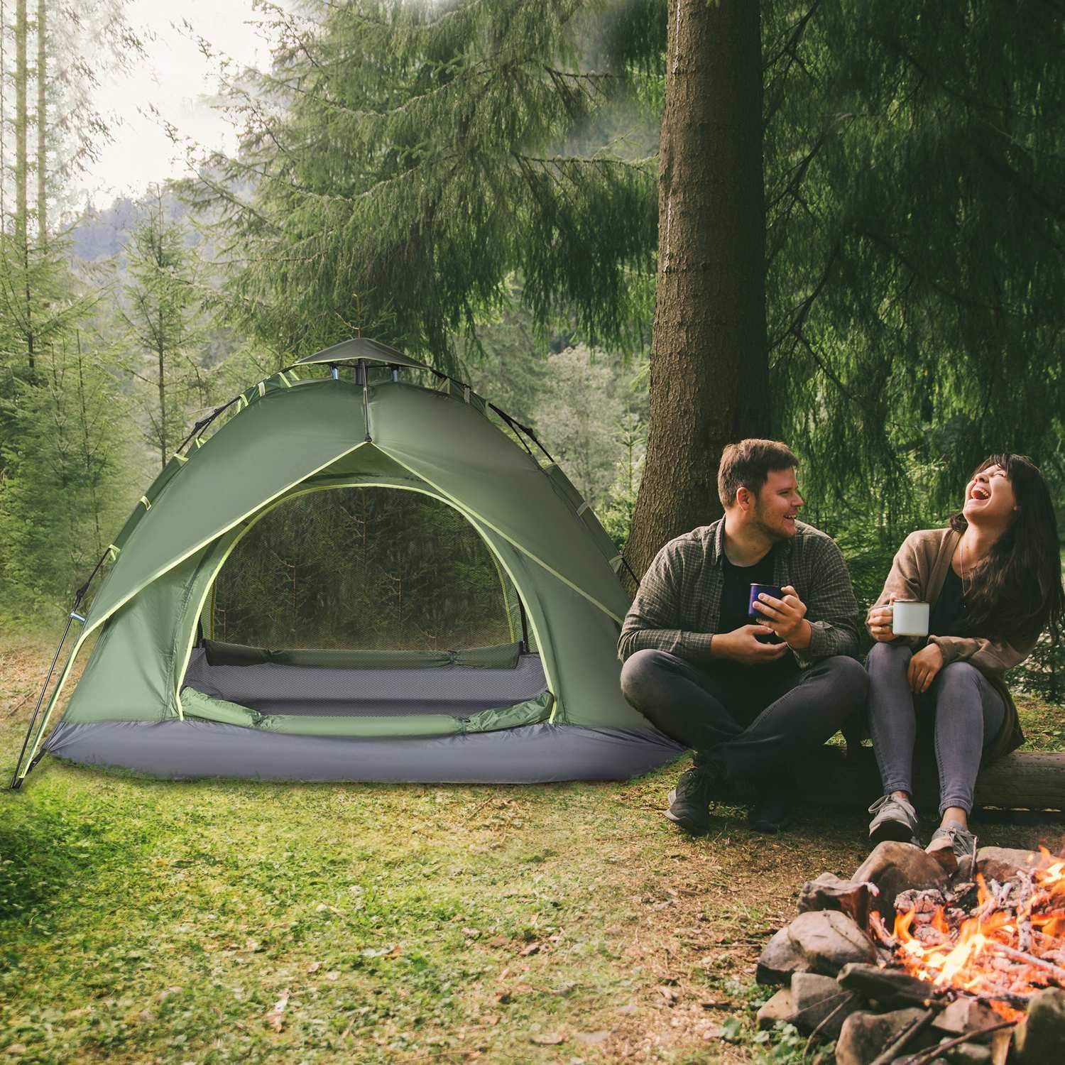 Campingtelt Dobbelttelt Utetelt for 2 voksne + 1 barn, 4 årstider, vanntett, 210X210X140Cm