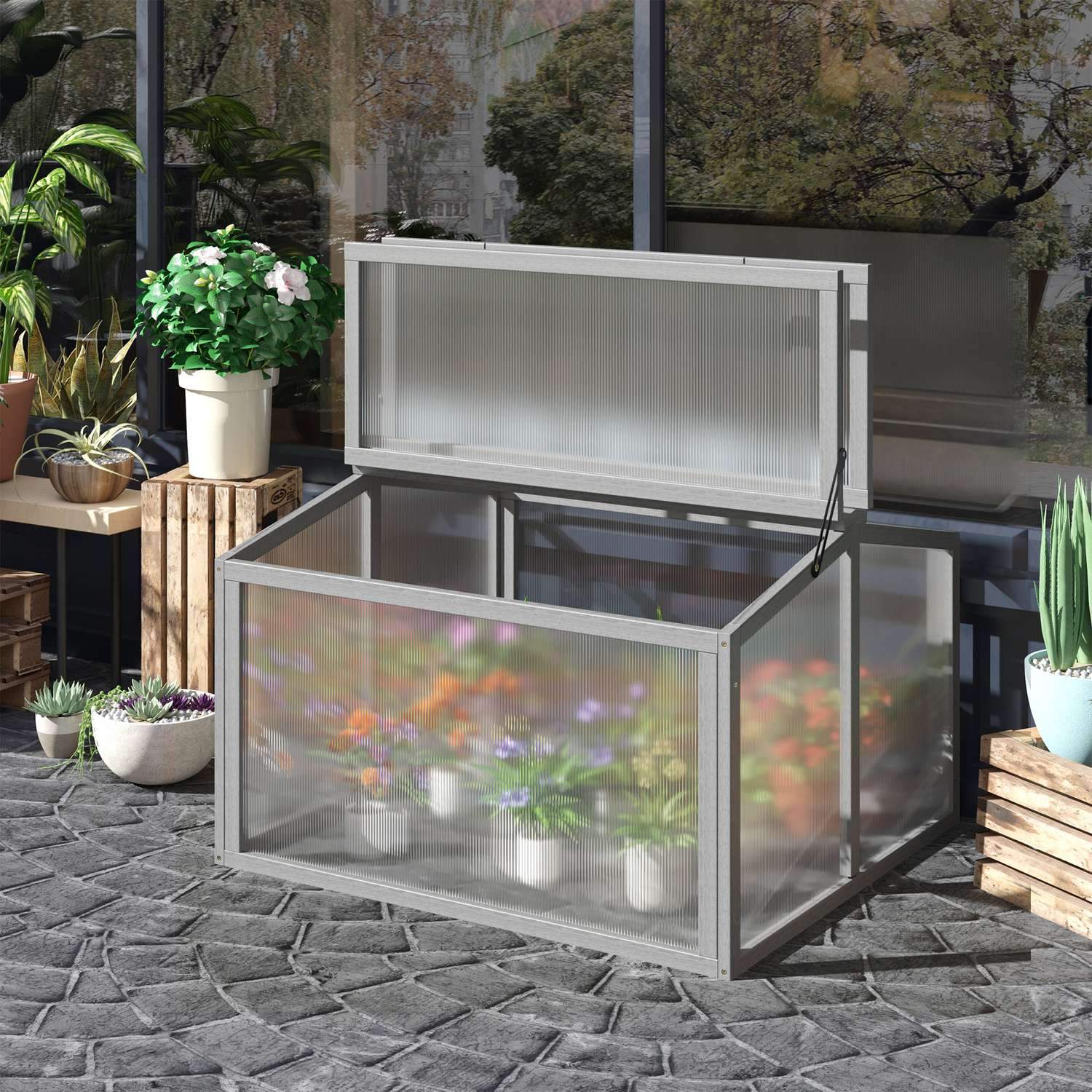 Cold Frame Drivhus Drivhus Cold Frame Box Planteseng med lokk Laget av tre og polykarbonat Værbestandig lys grå 90 X 80 X 58 Cm