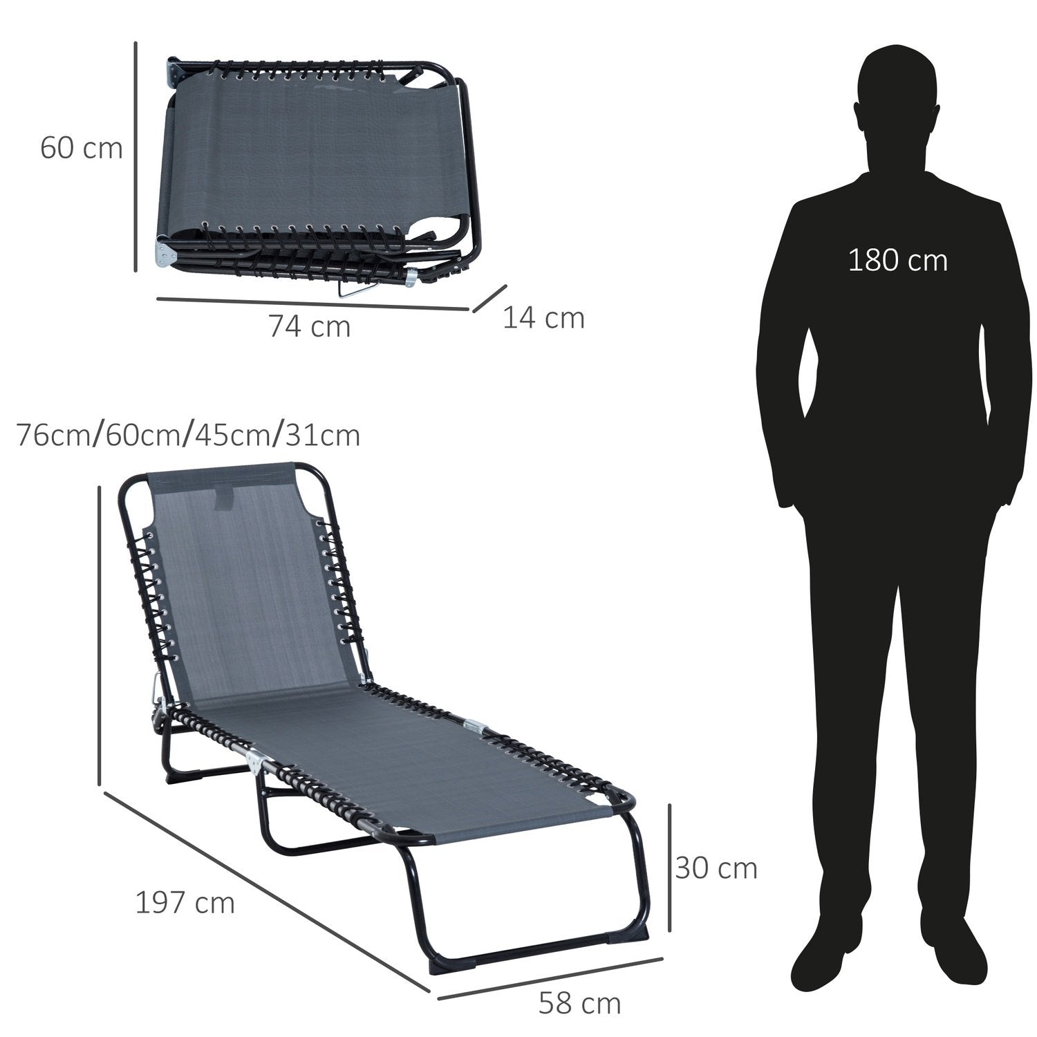 Sammenleggbar solseng Hagestol Sammenleggbar solseng med 4-nivå justerbar ryggstøtte, stålnettstoff, mørkegrå, 197X58X76Cm