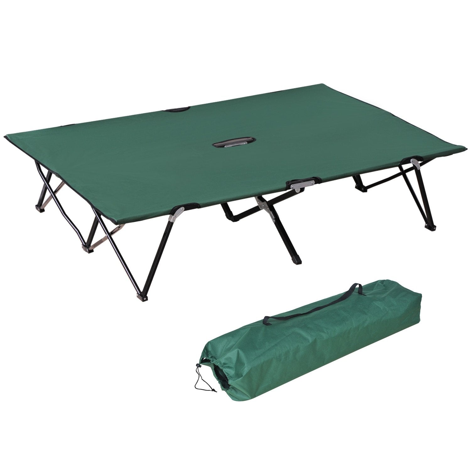 Hopfällbar Campingsäng För 2 Personer, Hopfällbar Tältsäng Med Bärväska, Rymmer Upp Till 136 Kg, Stål Oxford Grön + Svart, 193 X 125 X 40 Cm