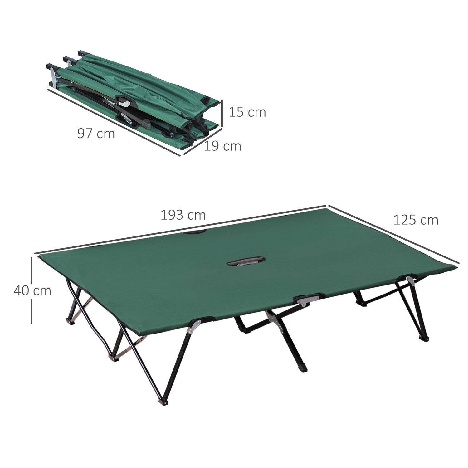 Hopfällbar Campingsäng För 2 Personer, Hopfällbar Tältsäng Med Bärväska, Rymmer Upp Till 136 Kg, Stål Oxford Grön + Svart, 193 X 125 X 40 Cm