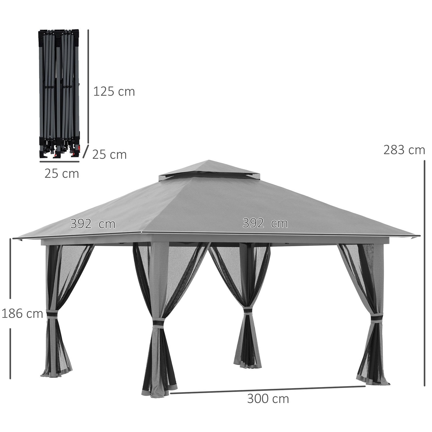 Sammenleggbar paviljong 4X4M pop-up hagepaviljong med UV-beskyttelse og nettingvegger, dobbelttak, mørkegrå