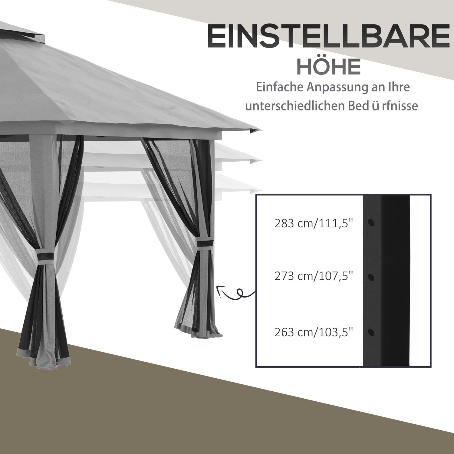 Sammenleggbar paviljong 4X4M pop-up hagepaviljong med UV-beskyttelse og nettingvegger, dobbelttak, mørkegrå