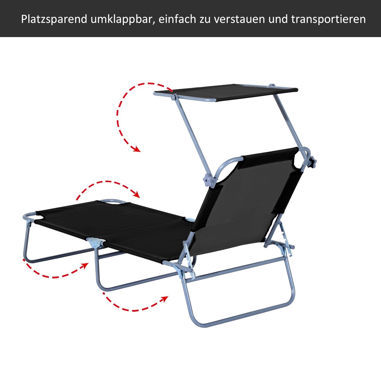 Sammenleggbar solseng Hageseng med solskjerm, sort, 187X58X36 Cm