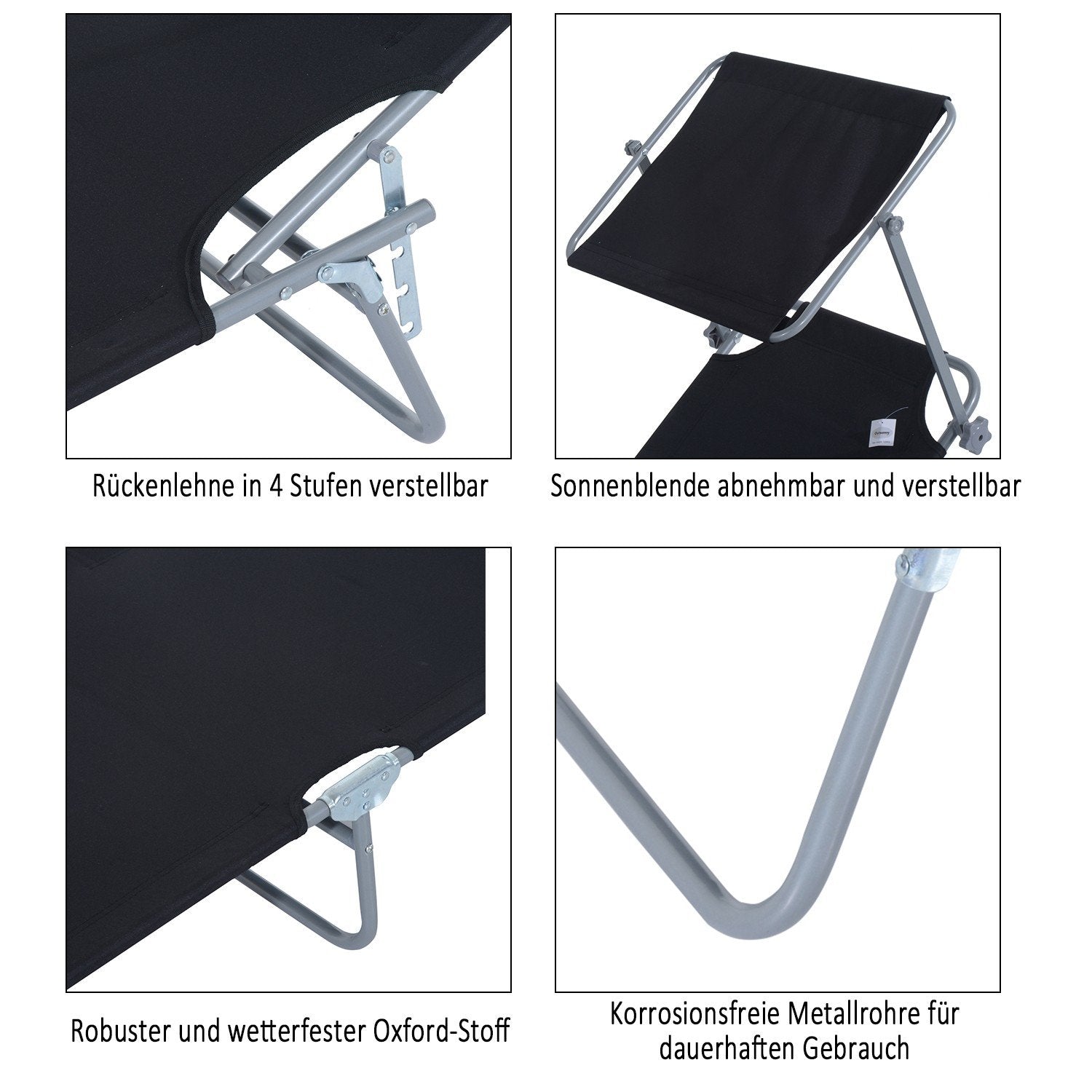 Sammenleggbar solseng Hageseng med solskjerm, sort, 187X58X36 Cm