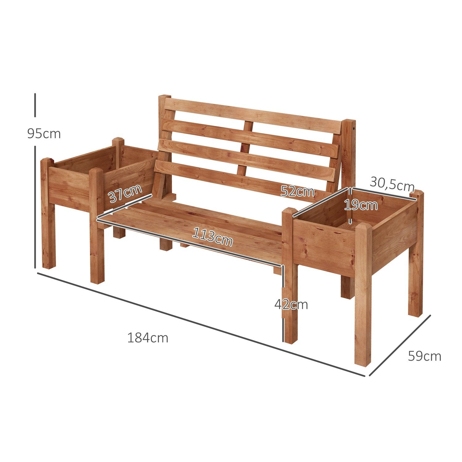 Hagebenk, 2-seters benk, trebenk, balkongbenk med blomsterkasse, for hage, terrasse, lastekapasitet opptil 240 kg