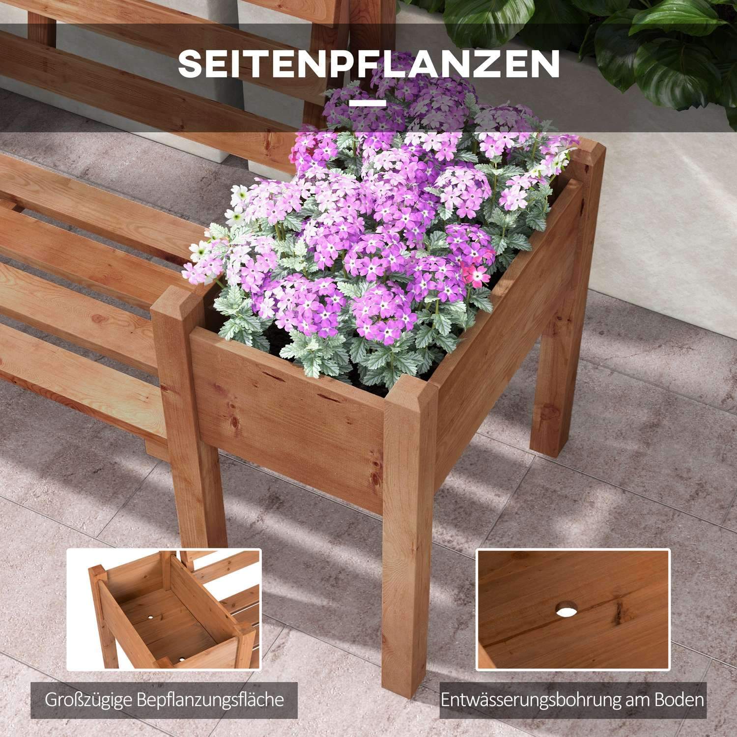 Hagebenk, 2-seters benk, trebenk, balkongbenk med blomsterkasse, for hage, terrasse, lastekapasitet opptil 240 kg