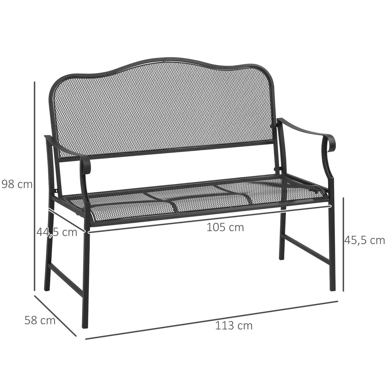 Trädgårdsbänk 2-Sits Parkbänk Uteplatsbänk Rymmer Upp Till 220 Kg Med Ryggstöd Metallsvart 113 X 58 X 98 Cm