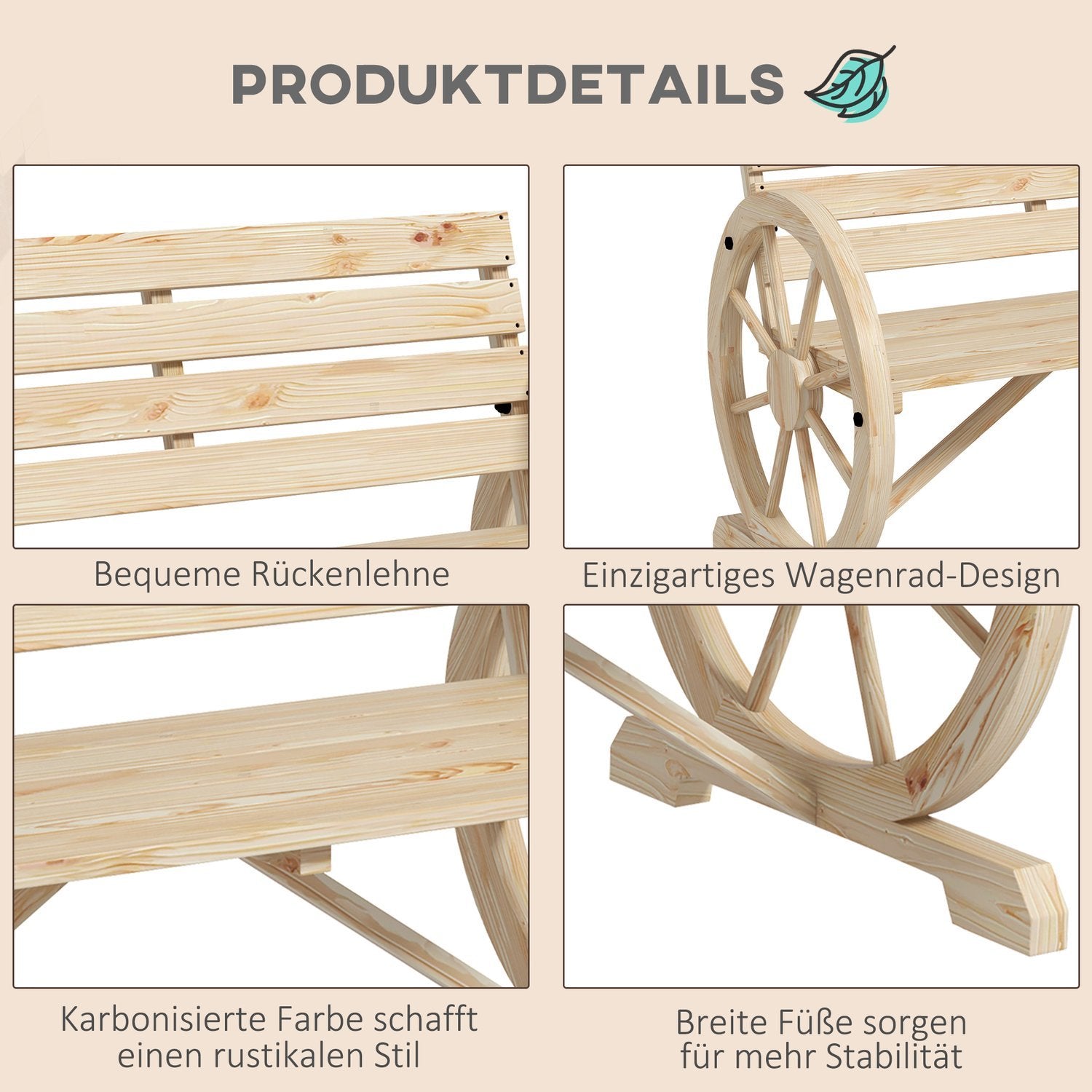 Trädgårdsbänk 2-Sits Träbänk Parkbänk I Vagnhjulsdesign, Bänk Med Armstöd I Lantlig Stil, Rymmer Upp Till 240 Kg, Naturligt Granträ