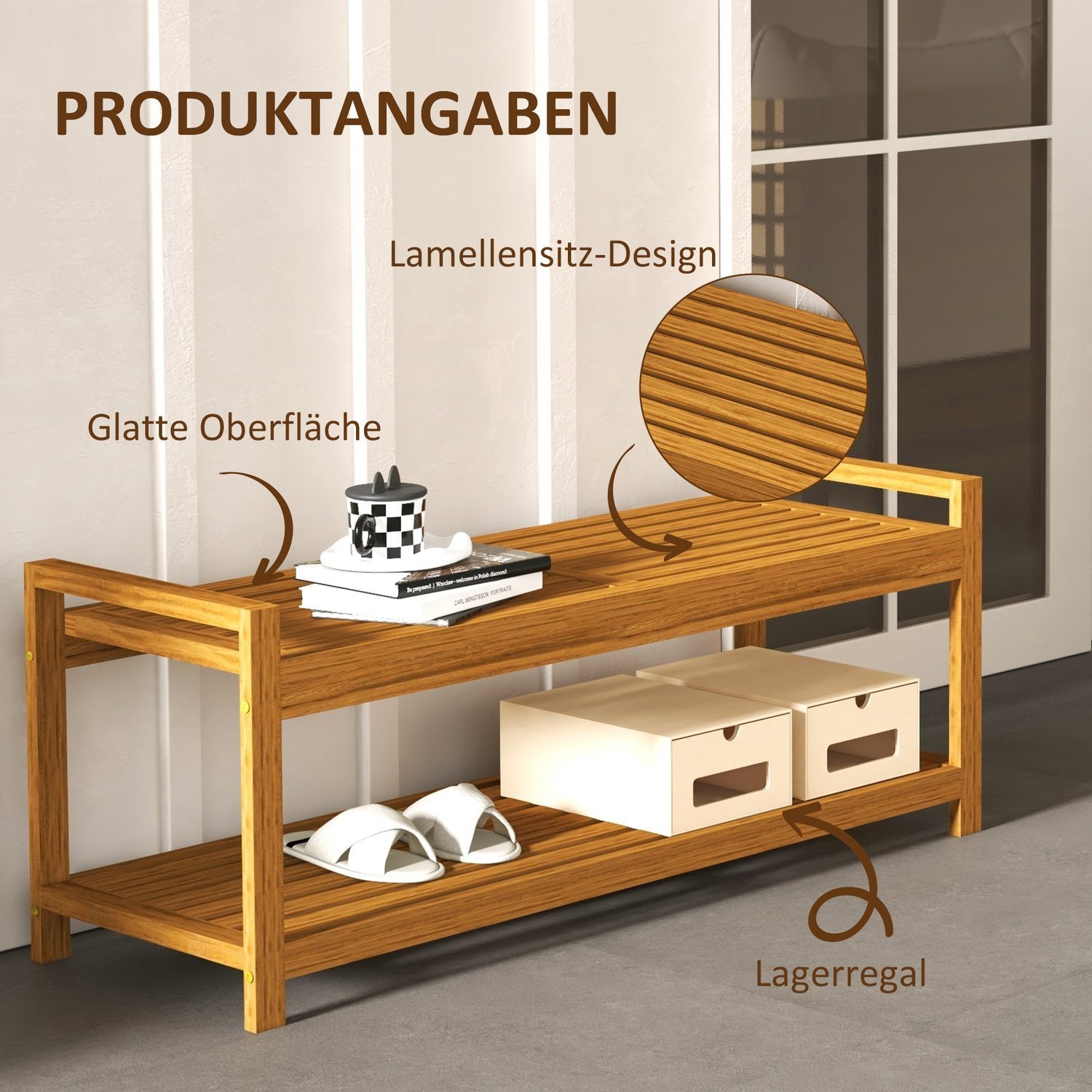 Hagebenk Med Armlen Trebenk Med Hylle 2-seters Parkbenk For Balkong, Terrasse, Lastekapasitet Opptil 250 Kg, Teak, 118 X 40,5 X 46 Cm