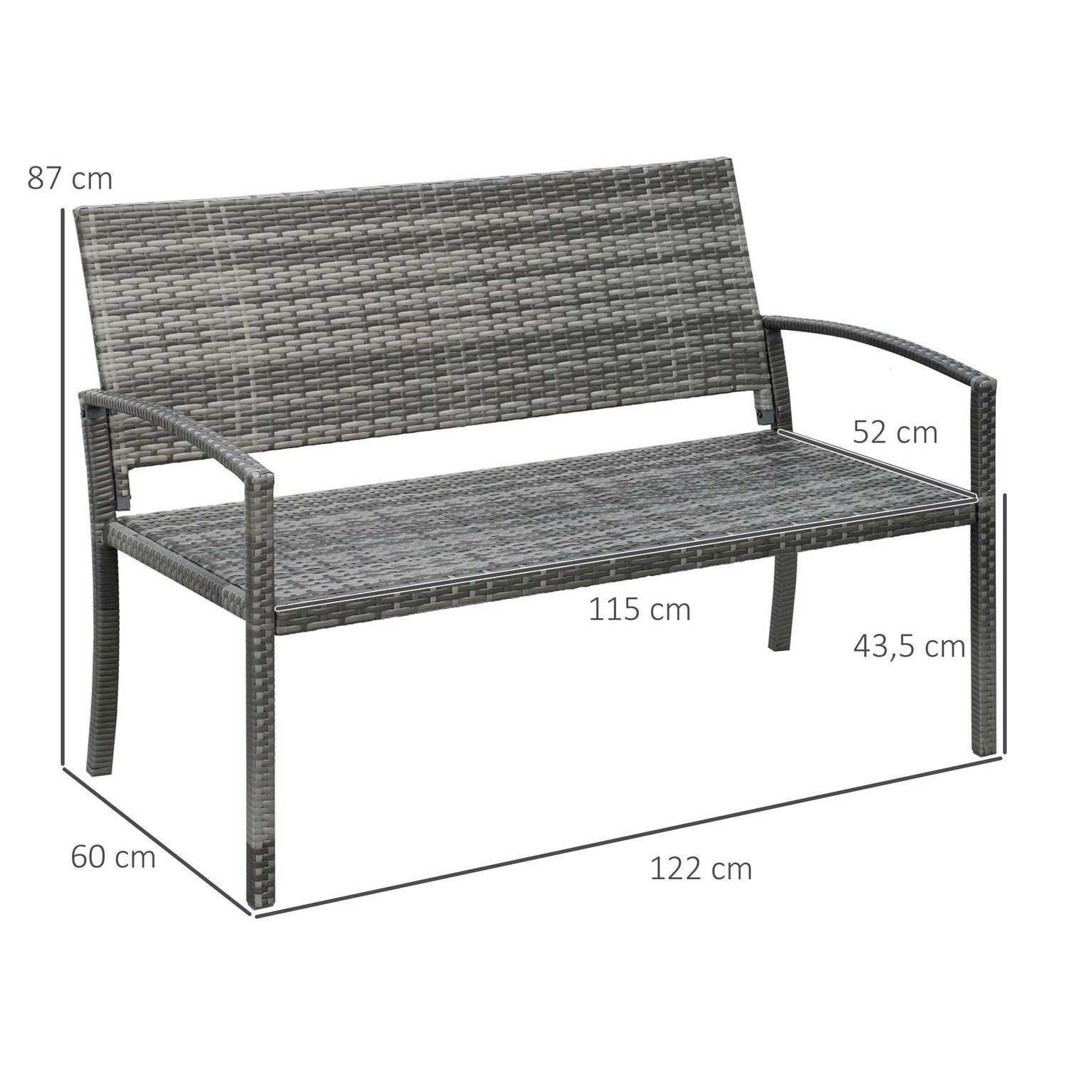 Hagebenk, benk i rottinglook, parkbenk med stålramme, balkongbenk for 2 personer, hagemøbler, lastekapasitet opptil 320 kg, grå