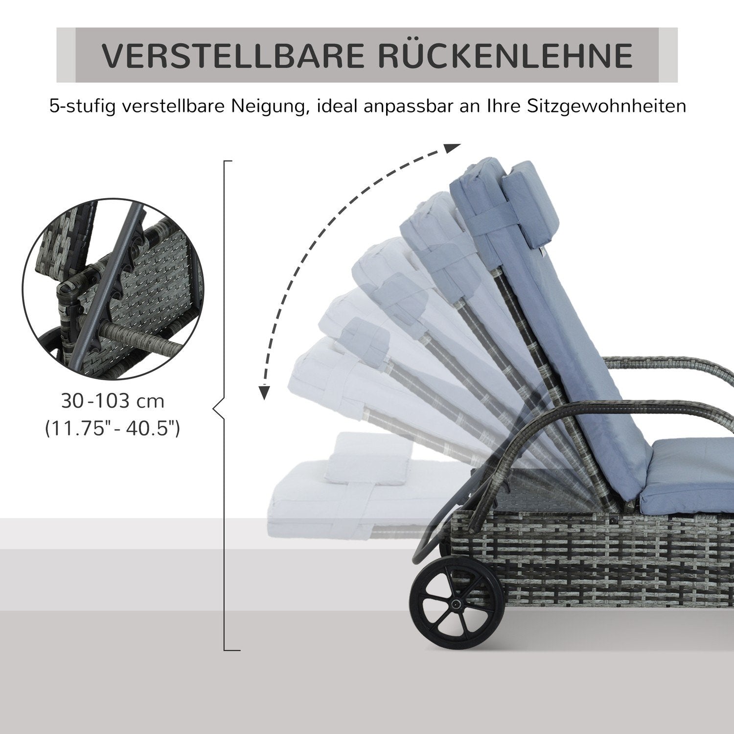 Hagemøbler Hagestol Solseng Mobil med pute, polyrotting + metall, grå, 200X73X30-103Cm