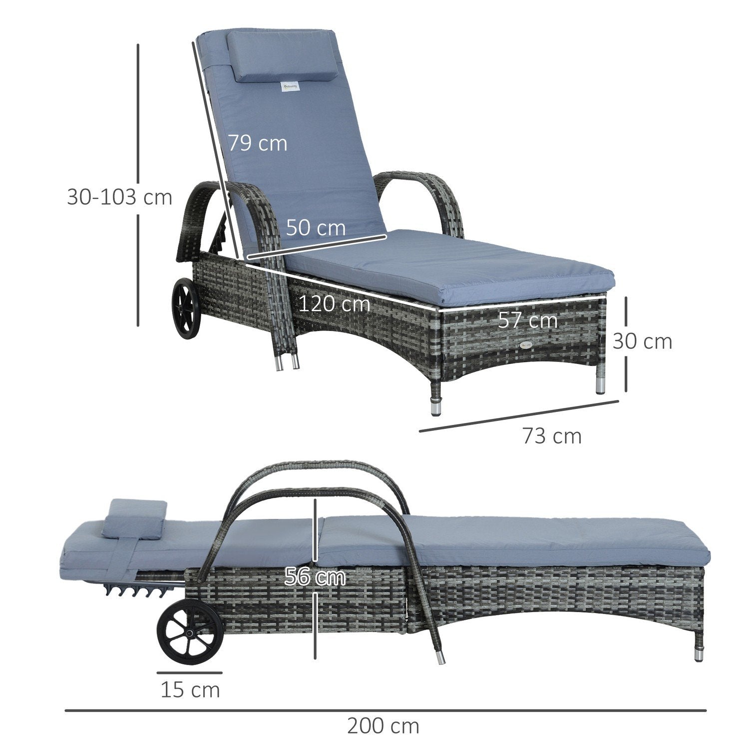 Hagemøbler Hagestol Solseng Mobil med pute, polyrotting + metall, grå, 200X73X30-103Cm