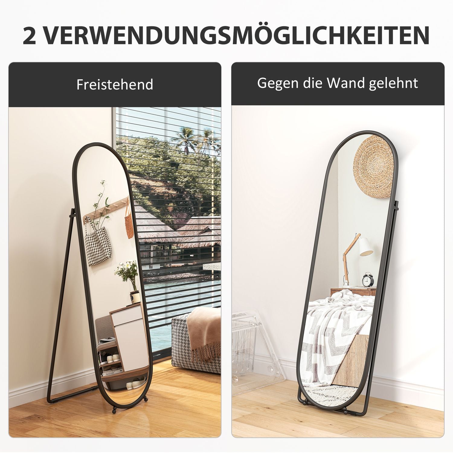 Oval hellängdsspegel med stativ, metallram 160x40 cm