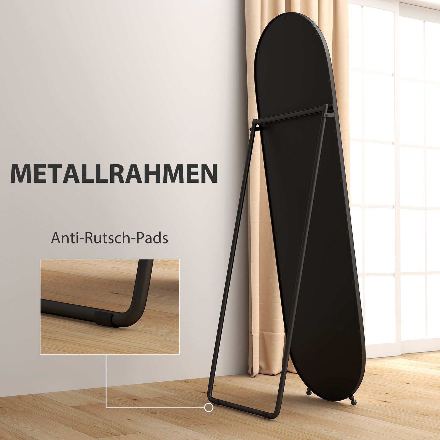 Oval hellängdsspegel med stativ, metallram 160x40 cm