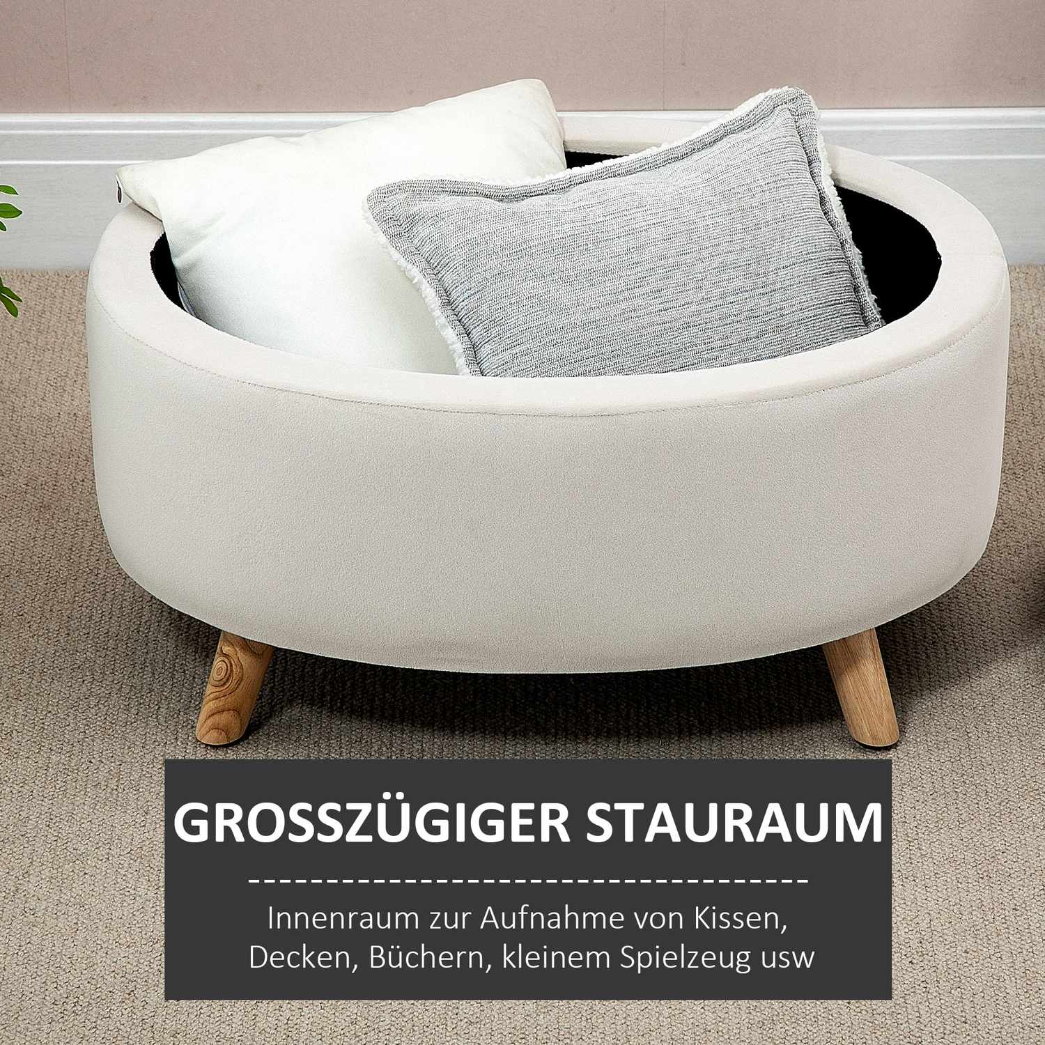 Oval stoppad förvaringsbänk - sammetslook, beige, 71x51,5x42 cm