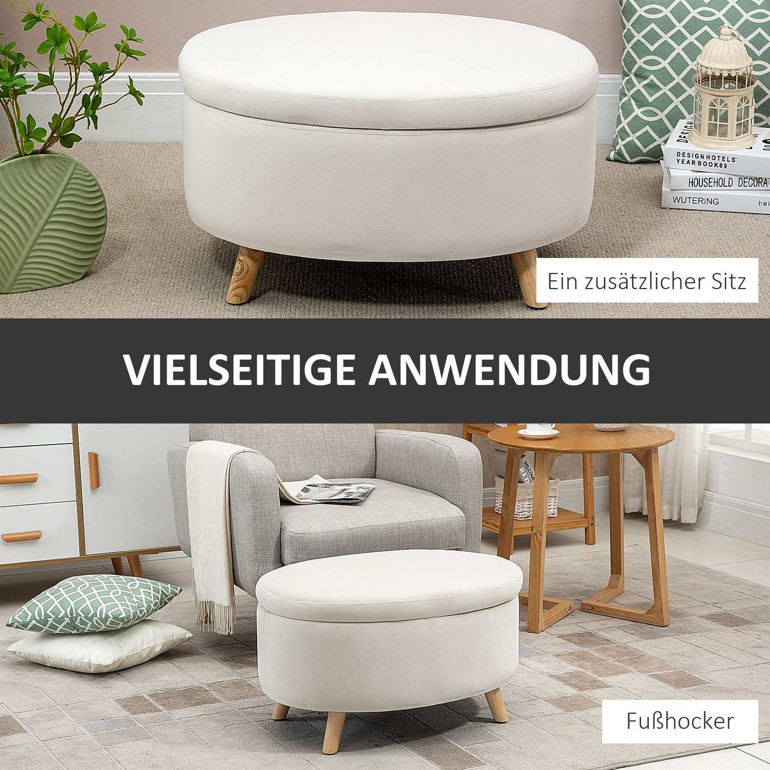 Oval stoppad förvaringsbänk - sammetslook, beige, 71x51,5x42 cm