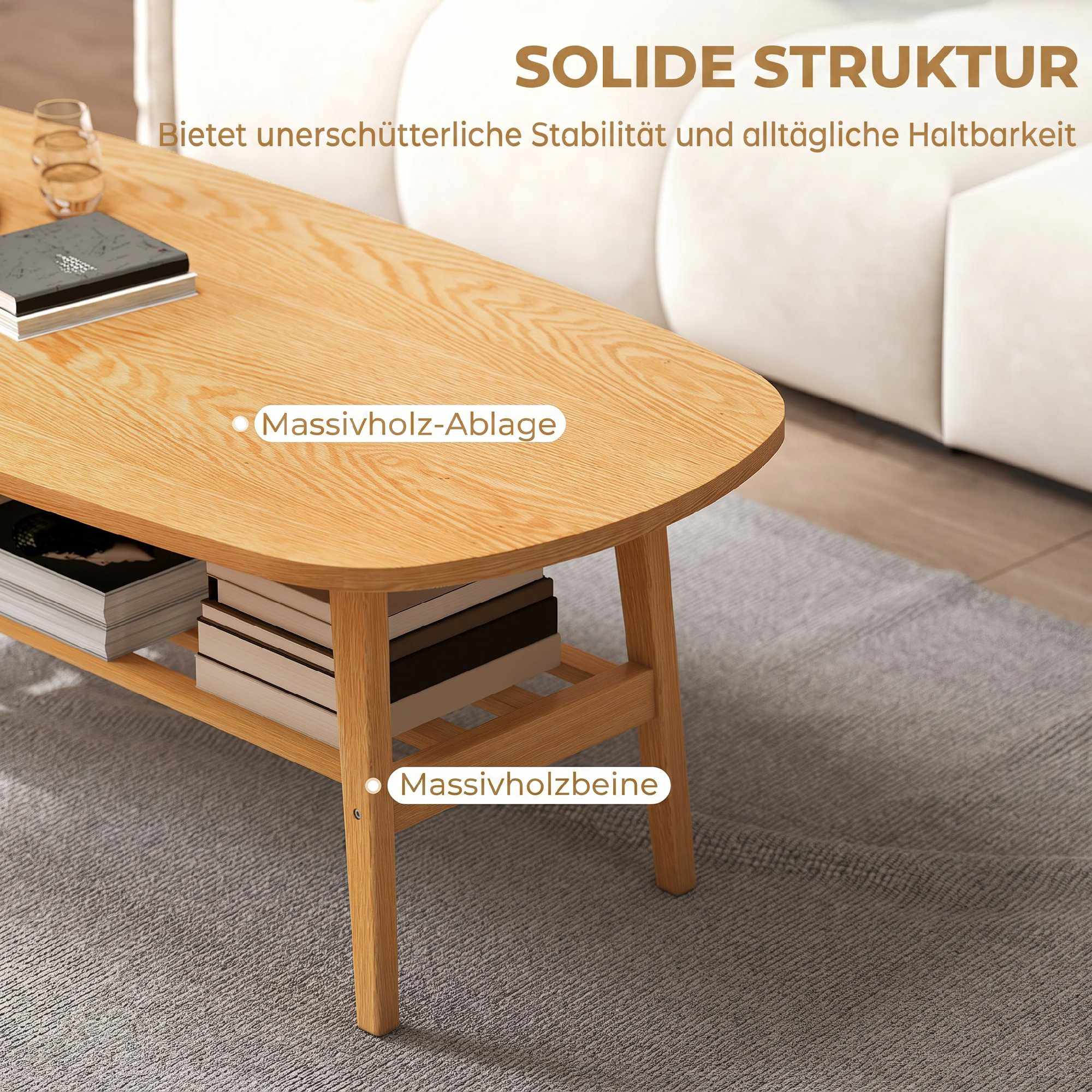 Ovalt soffbord med hyllplan, naturträ, 120x60x42 cm