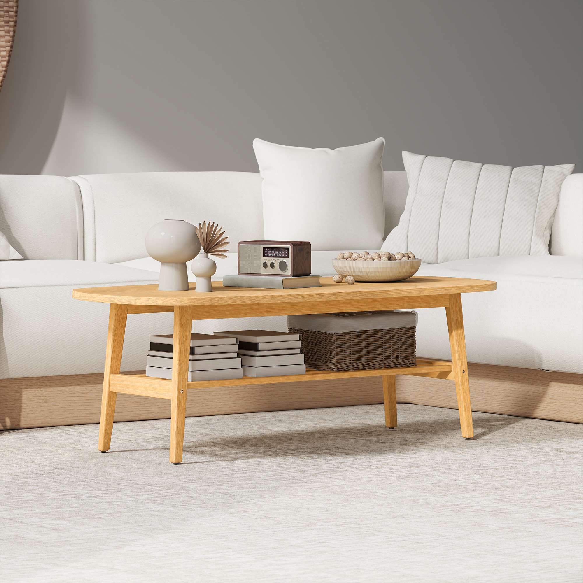 Ovalt soffbord med hyllplan, naturträ, 120x60x42 cm